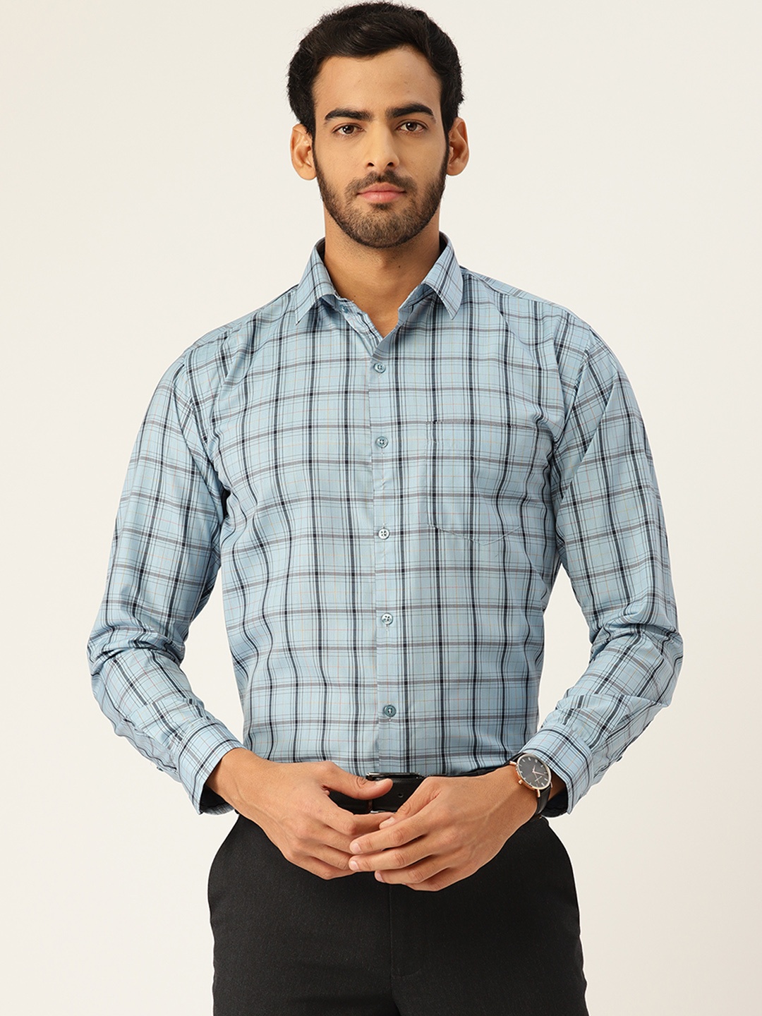 

English Navy Men Blue Slim Fit Checked Formal Shirt