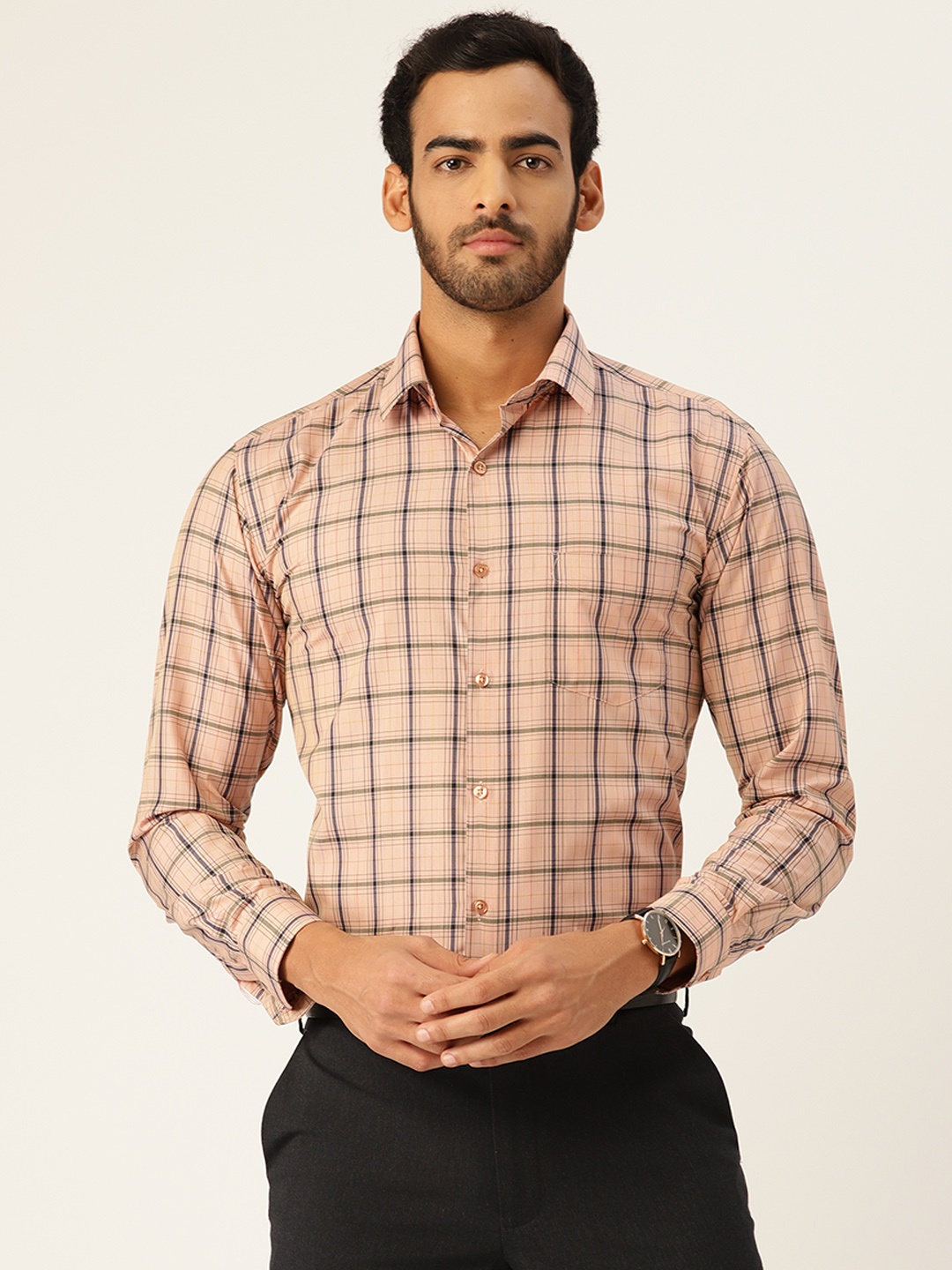

English Navy Men Peach-Coloured & Grey Slim Fit Checked Formal Shirt