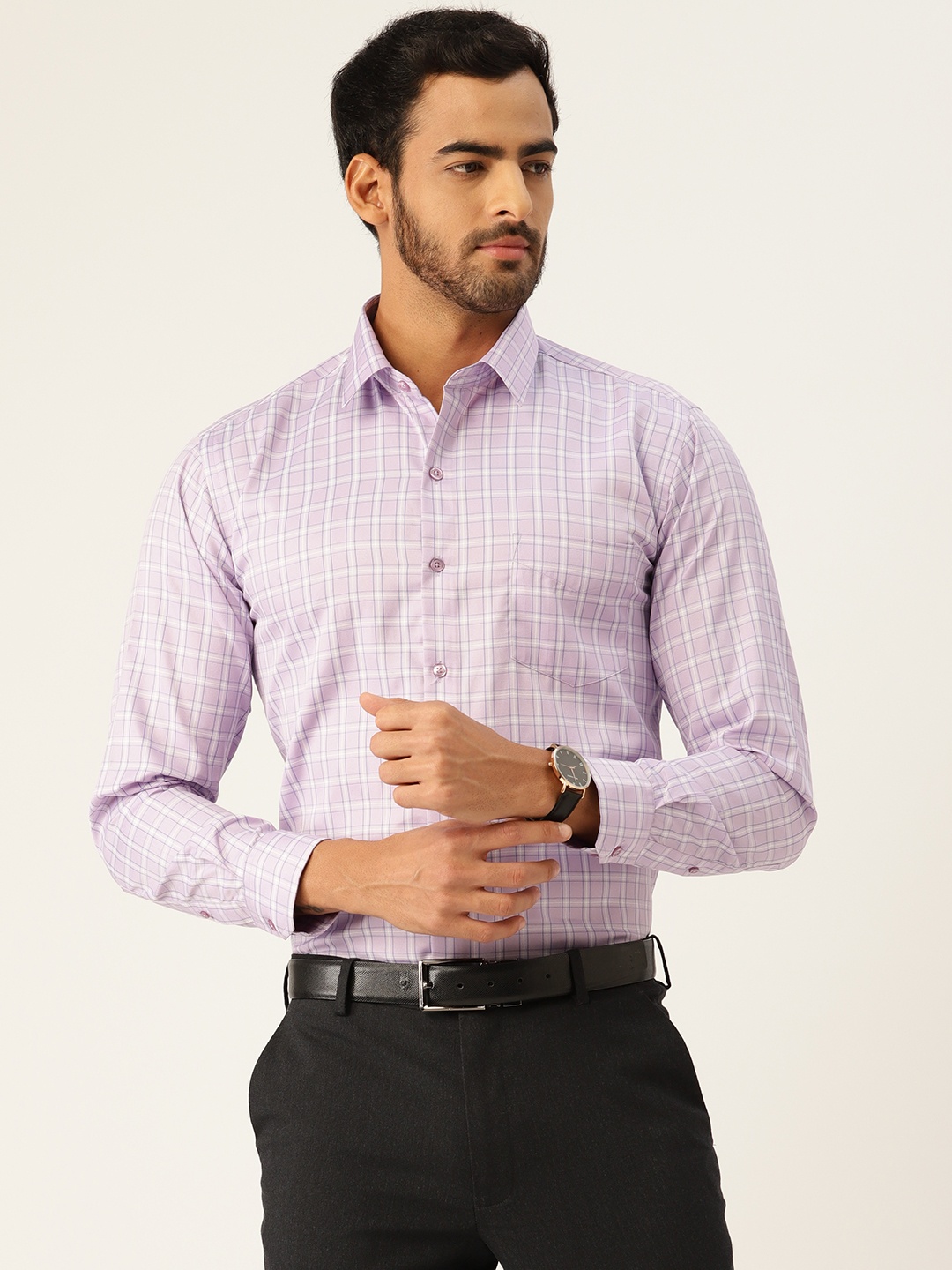 

English Navy Men Lavender & White Slim Fit Checked Formal Shirt