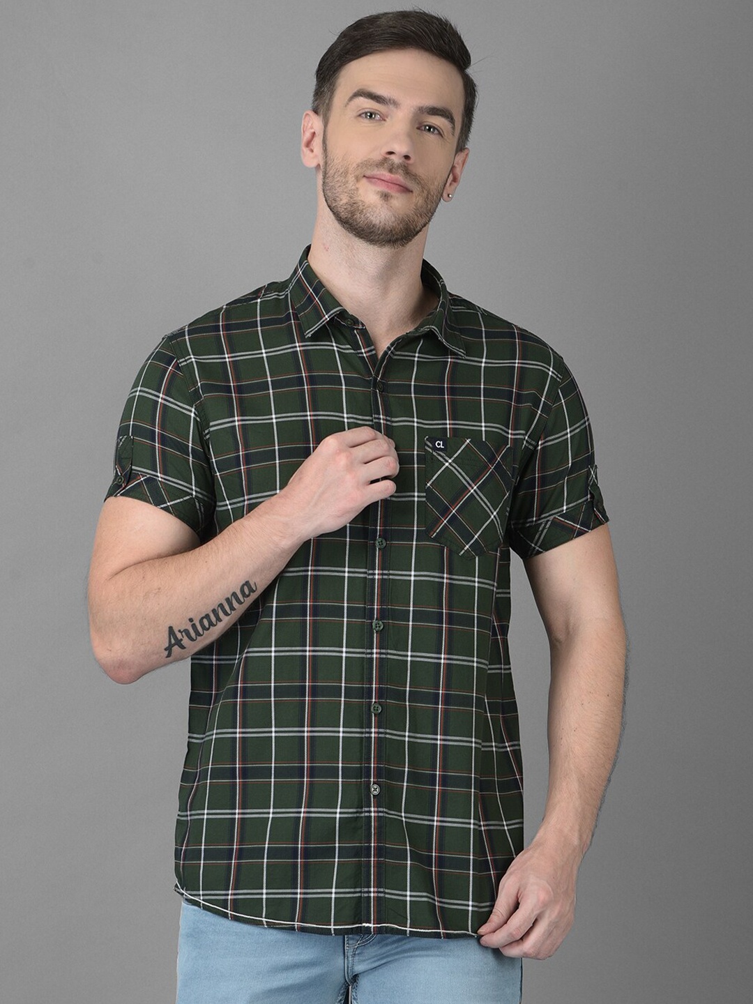 

Canary London Men Olive Green Smart Slim Fit Tartan Checks Casual Shirt