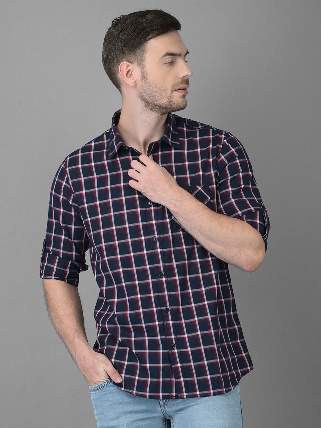 

Canary London Men Navy Blue Smart Slim Fit Windowpane Checks Checked Casual Shirt