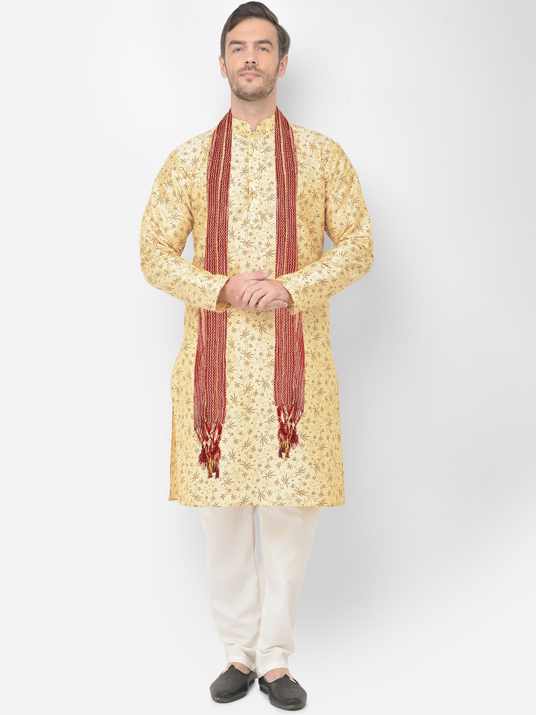 

SG LEMAN Men Embroidered Panelled Raw Silk Kurta with Churidar & With Dupatta, Cream