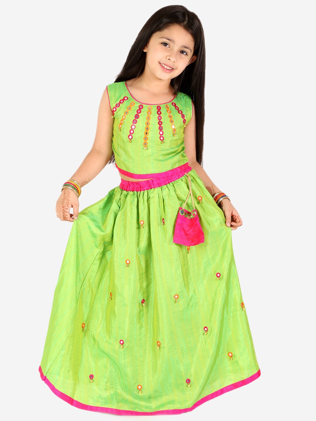 

KID1 Girls Green & Pink Embellished Mirror Work Ready to Wear Lehenga &
