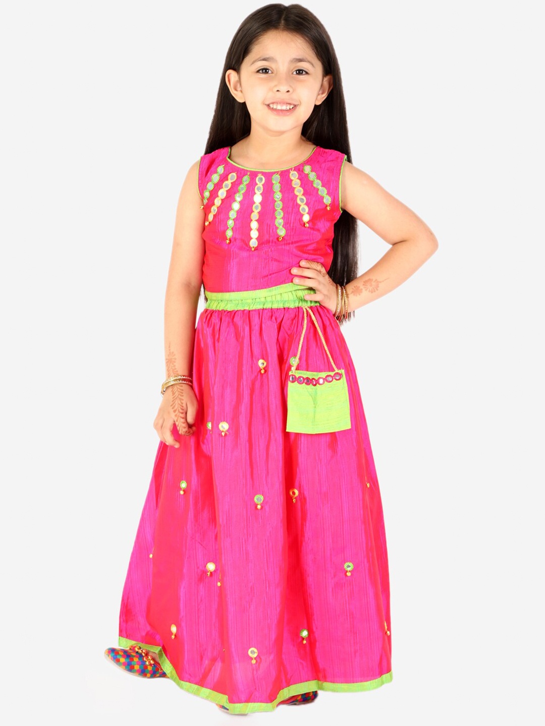 

KID1 Girls Pink & Green Embellished Thread Work Ready to Wear Lehenga &