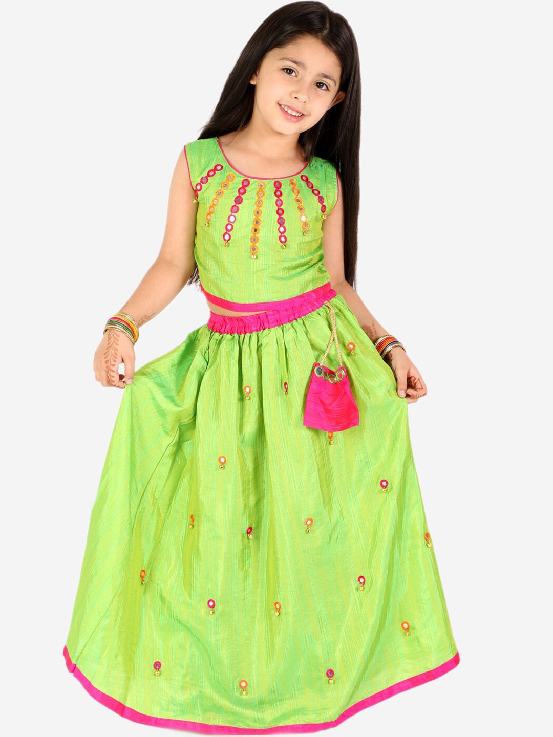 

KID1 Girls Green & Pink Embellished Ready to Wear Lehenga &