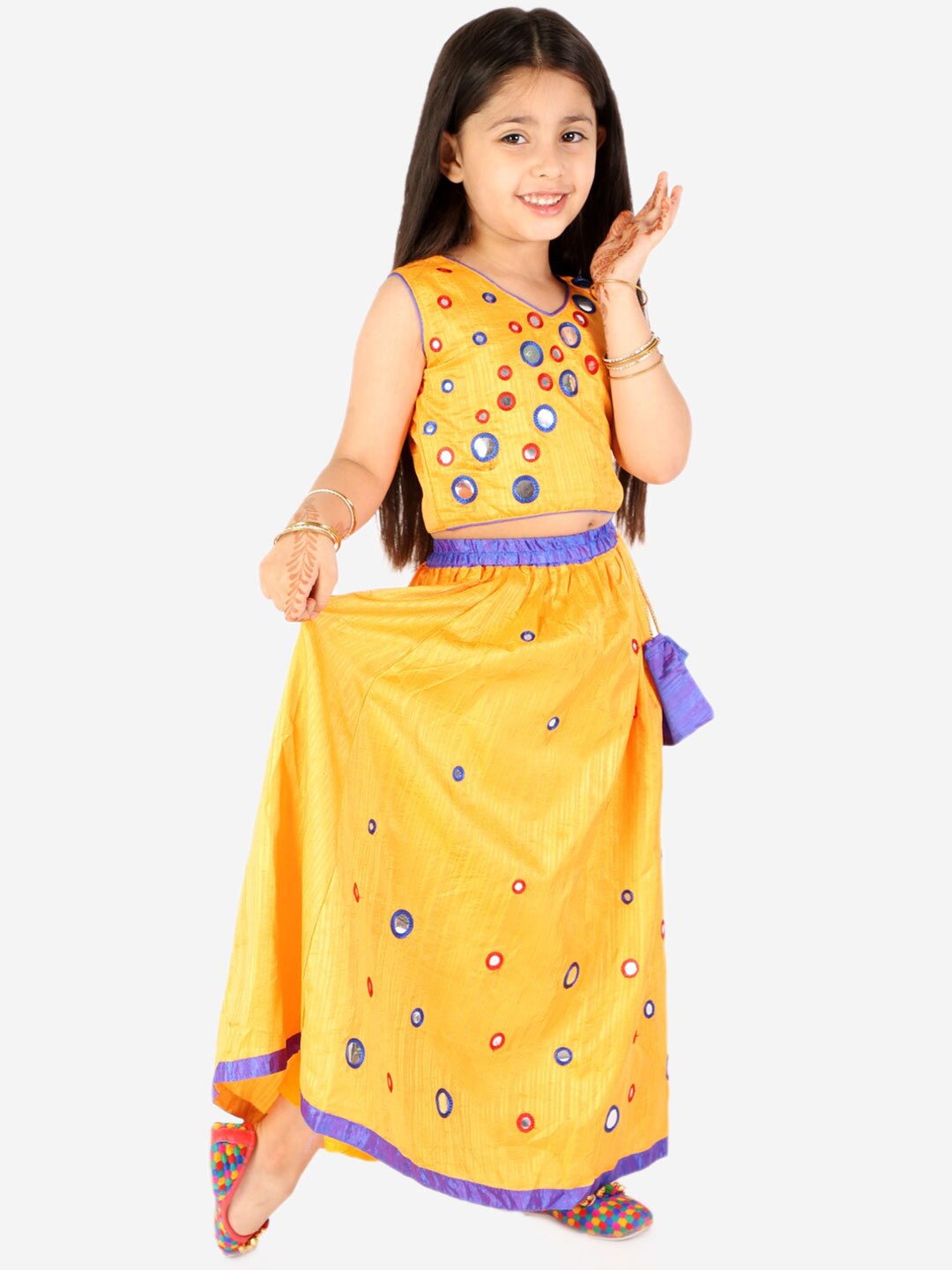 

KID1 Girls Yellow & Blue Embellished Thread Work Ready to Wear Lehenga &