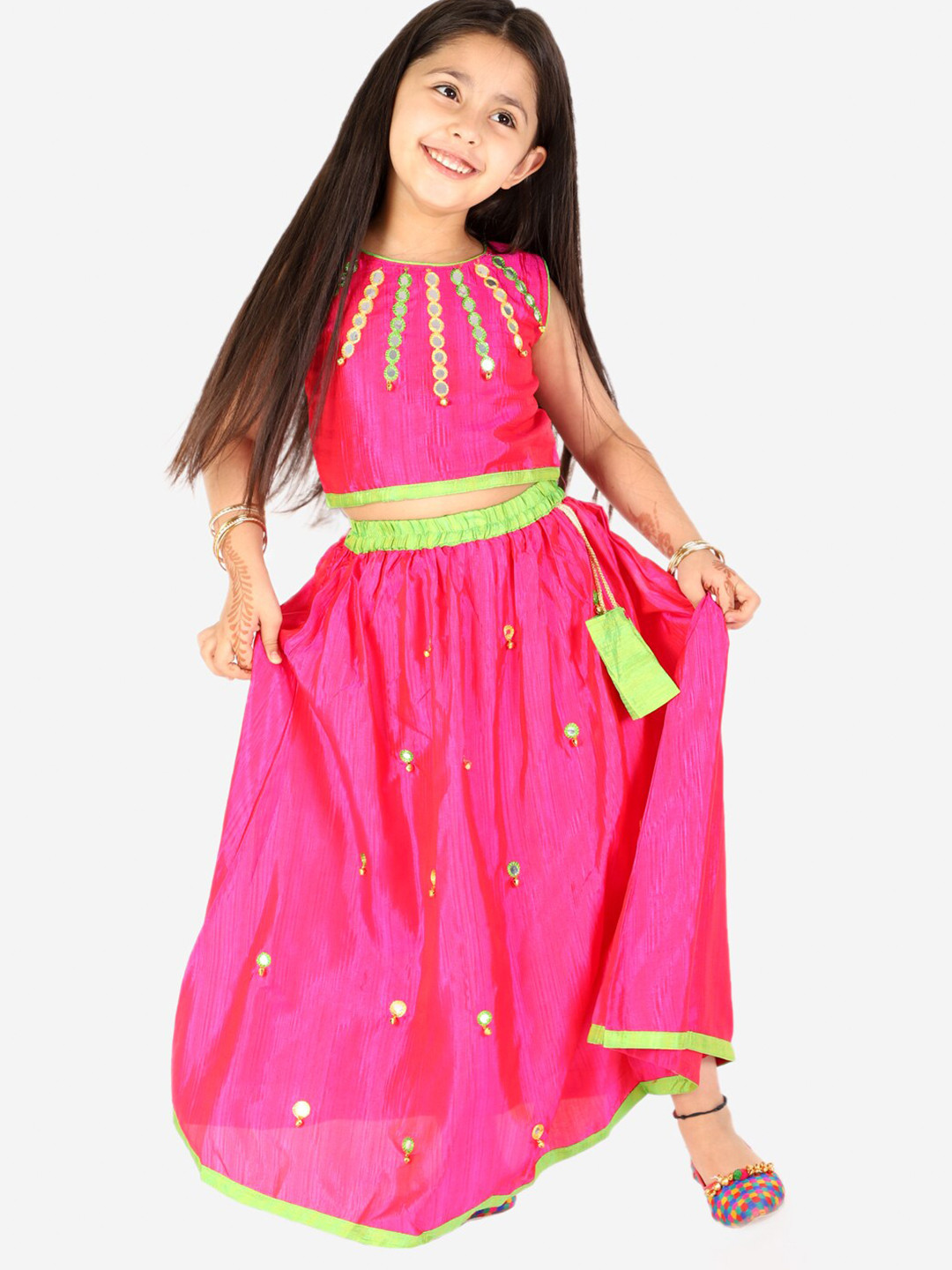 

KID1 Girls Pink & Green Embellished Mirror Work Ready to Wear Lehenga &