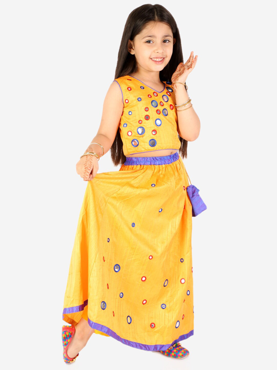 

KID1 Girls Yellow & Blue Embellished Thread Work Ready to Wear Lehenga &
