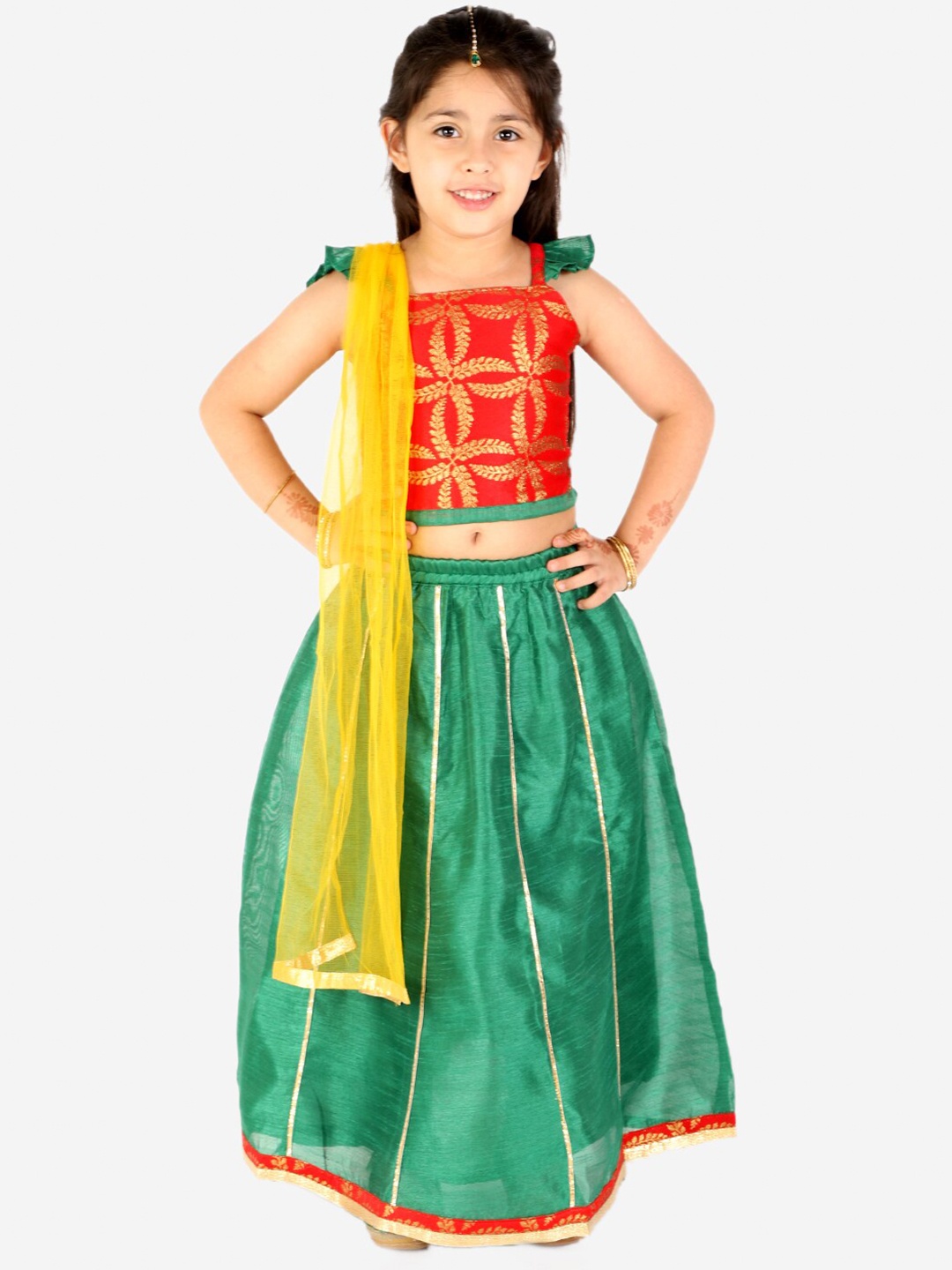 

KID1 Girls Red & Green Embellished Ready to Wear Lehenga & Blouse With Dupatta