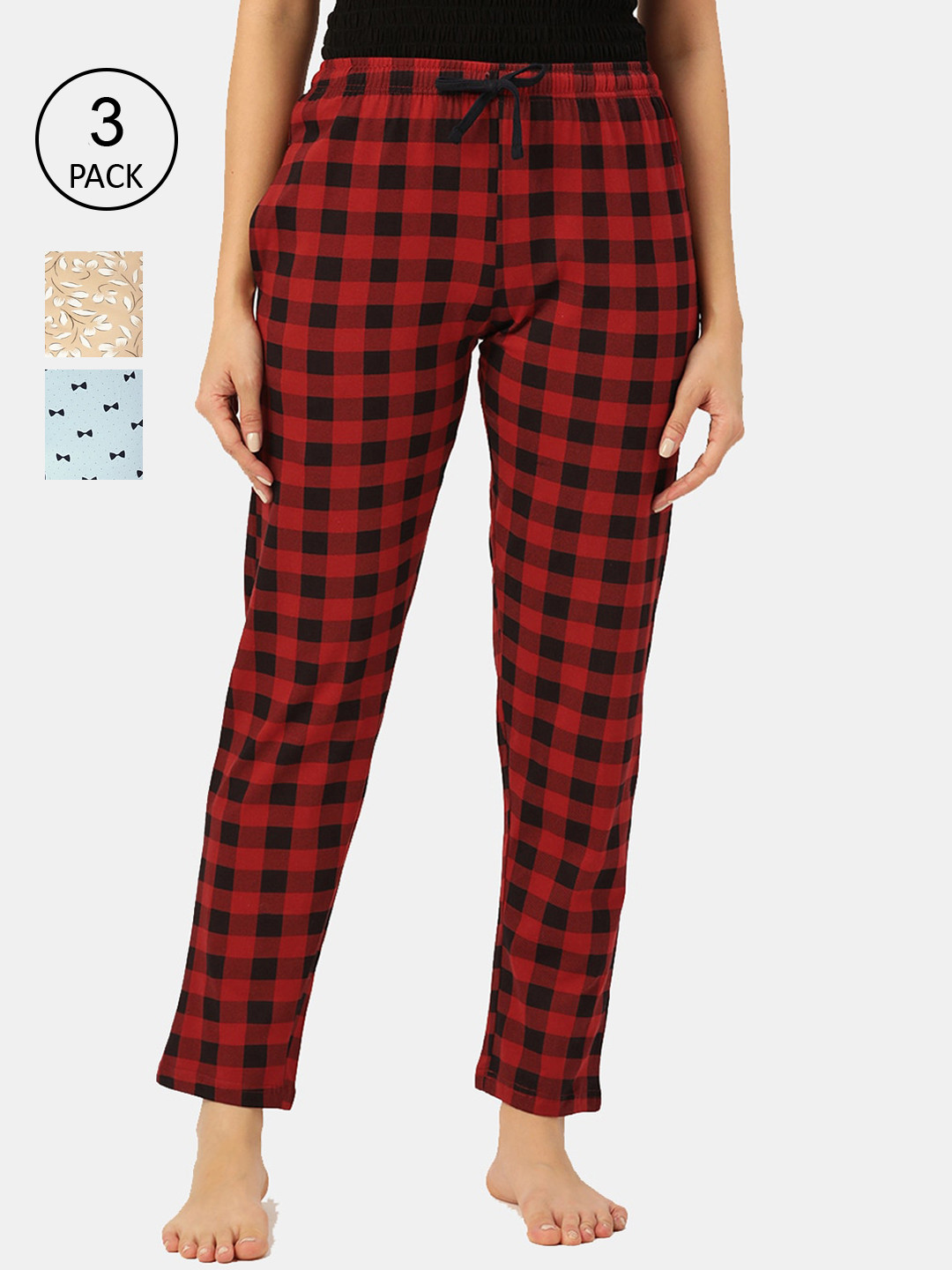 

Leading Lady Women Pack Of 3 Printed Pure Cotton Lounge Pants, Red