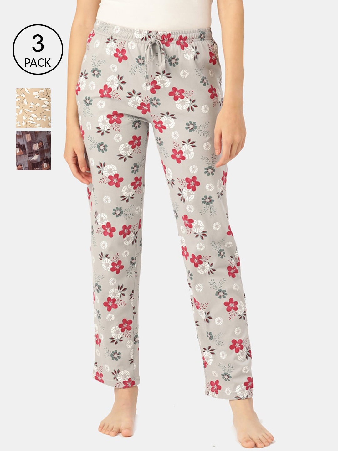 

Leading Lady Women Pack of 3 Printed Pure Cotton Lounge Pants, Grey