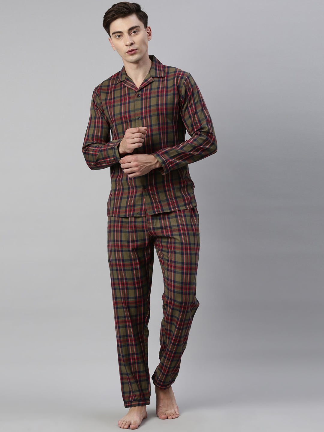 

Joven Men Olive Green & Red Checked Night suit