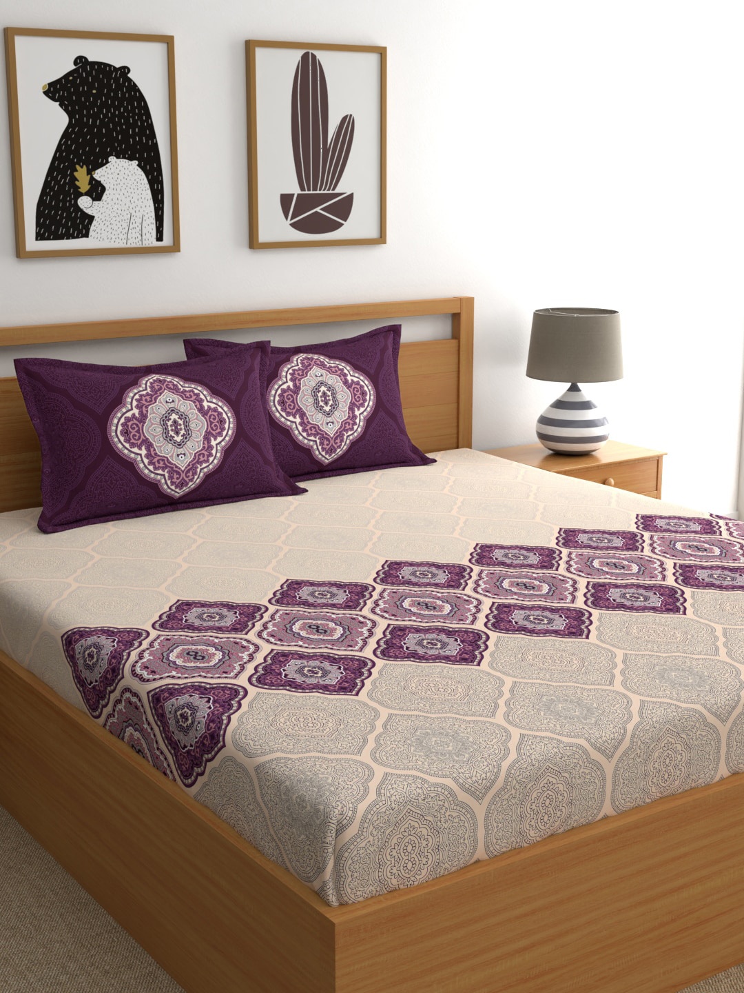 

Dreamscape Purple & Cream-Coloured 144 TC Queen Bedsheet with 2 Pillow Covers