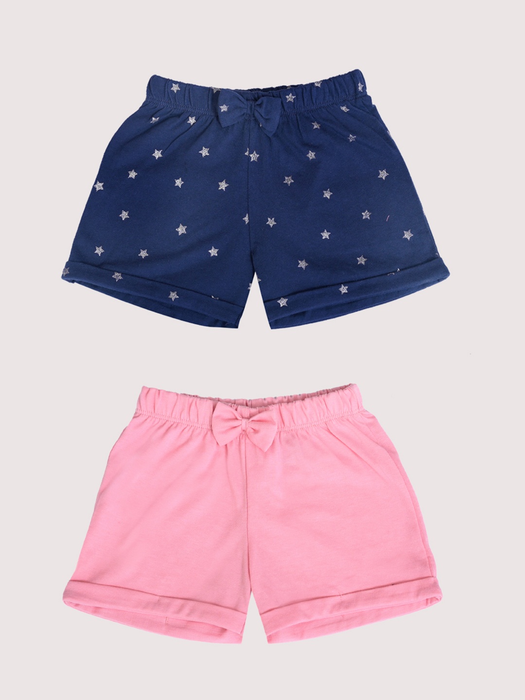 

YK Baby Girls Pack of 2 Blue & Pink Solid & Printed Shorts with Bow, Navy blue