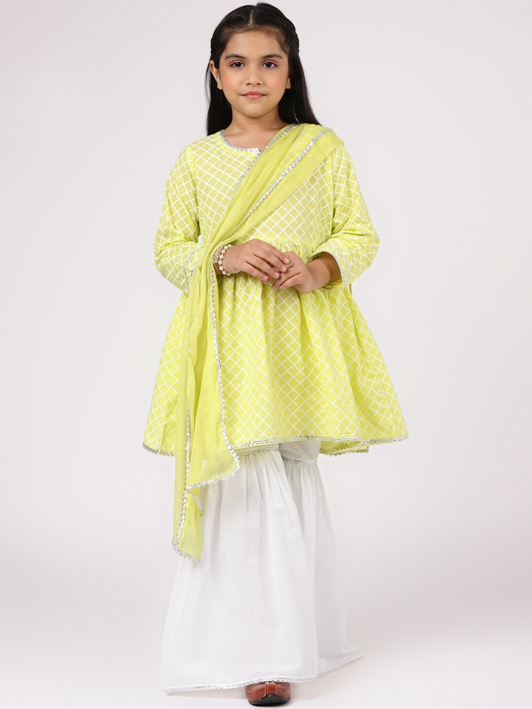 

Libas KIDS Girls Lime Green Printed Pleated Gotta Patti Pure Cotton Kurti with Sharara & With Dupatta