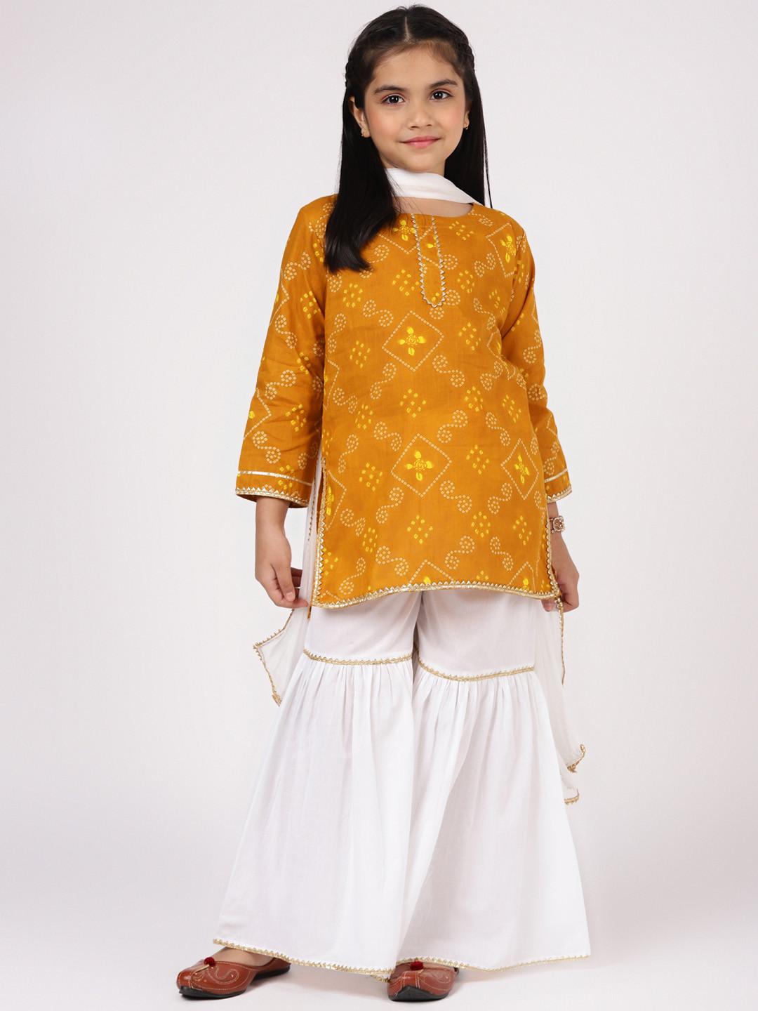 

Libas KIDS Girls Mustard Yellow Bandhani Printed Gotta Patti Pure Cotton Kurti with Sharara & With Dupatta