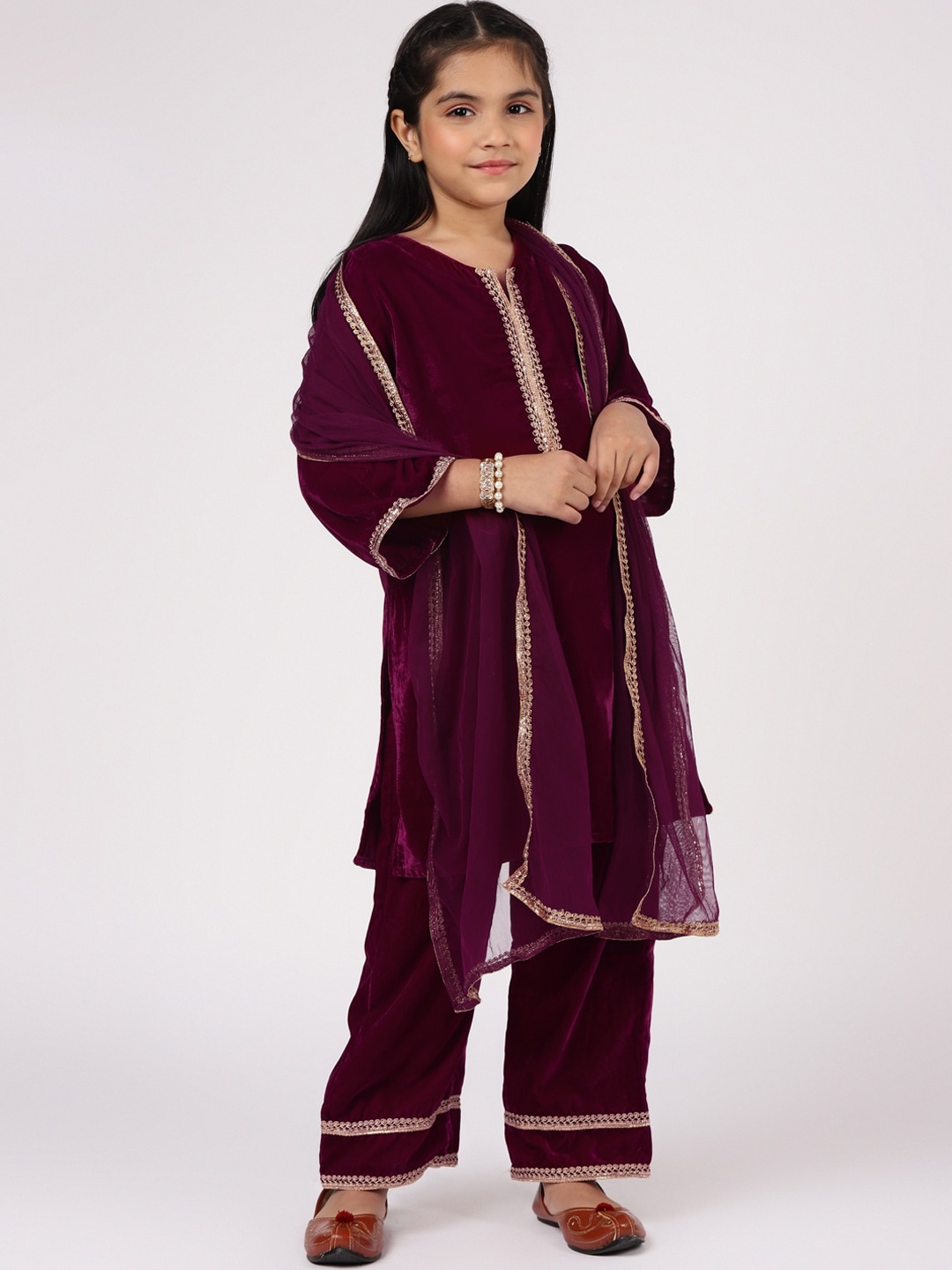 

Libas KIDS Girls Purple Gotta Patti Velvet Kurta with Palazzos & With Dupatta