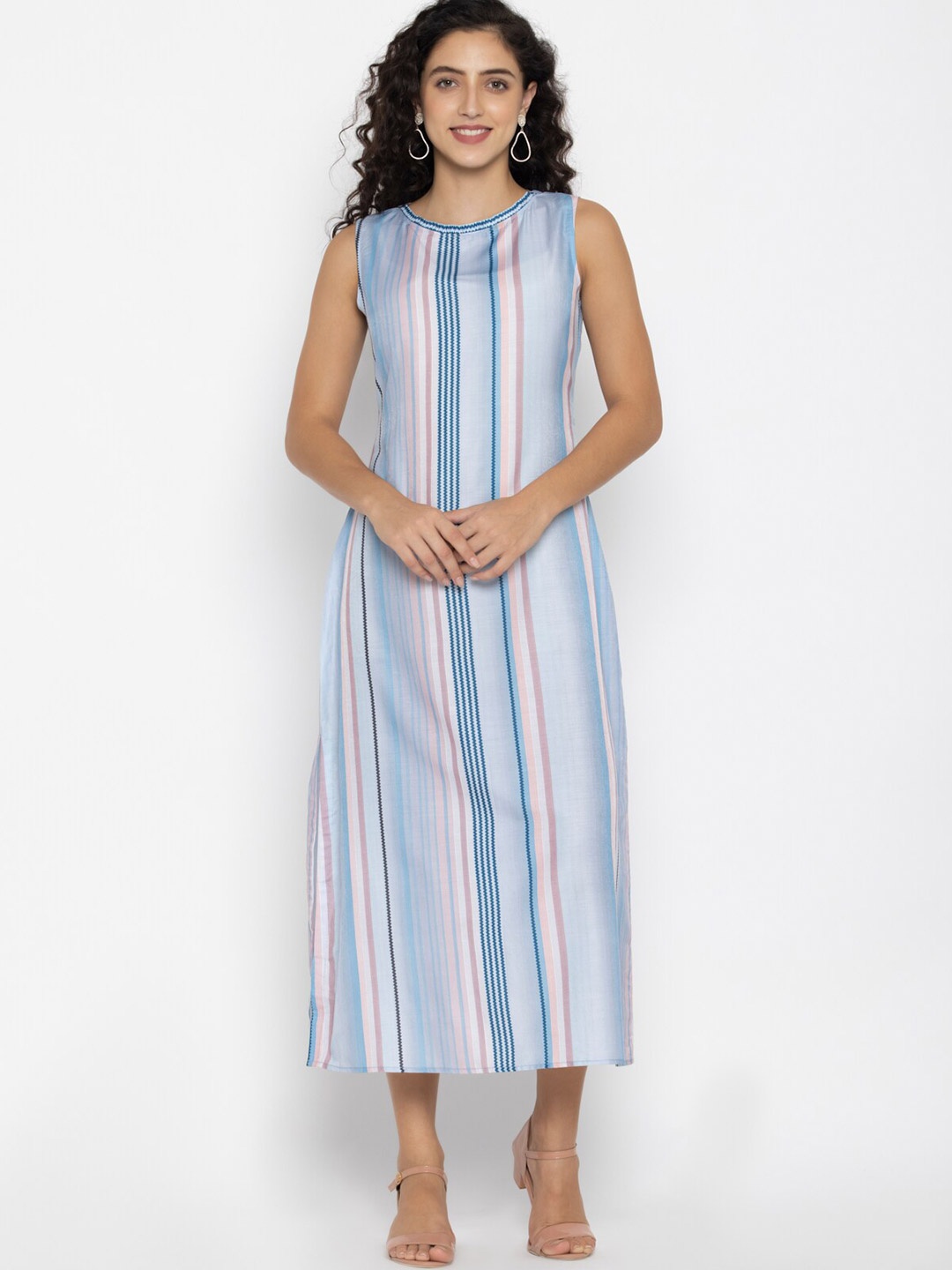 

SEW YOU SOON Women Blue & Multicoloured Striped A-Line Midi Dress