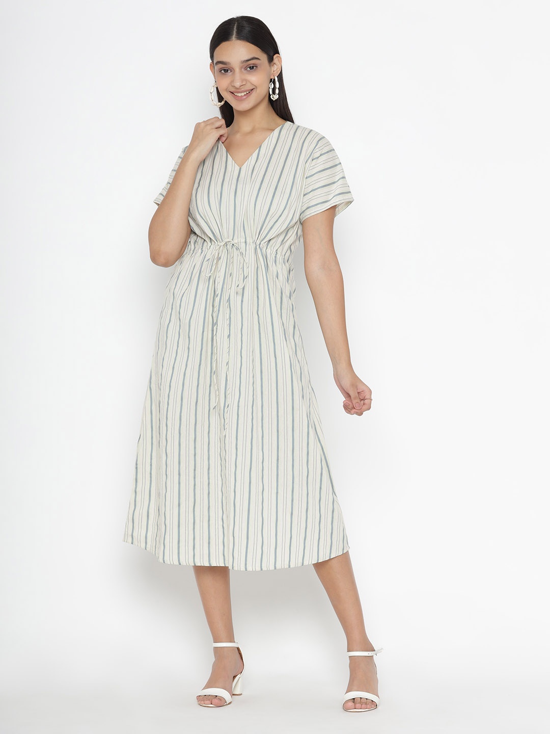 

SEW YOU SOON Cream-Coloured Striped Crepe A-Line Midi Dress