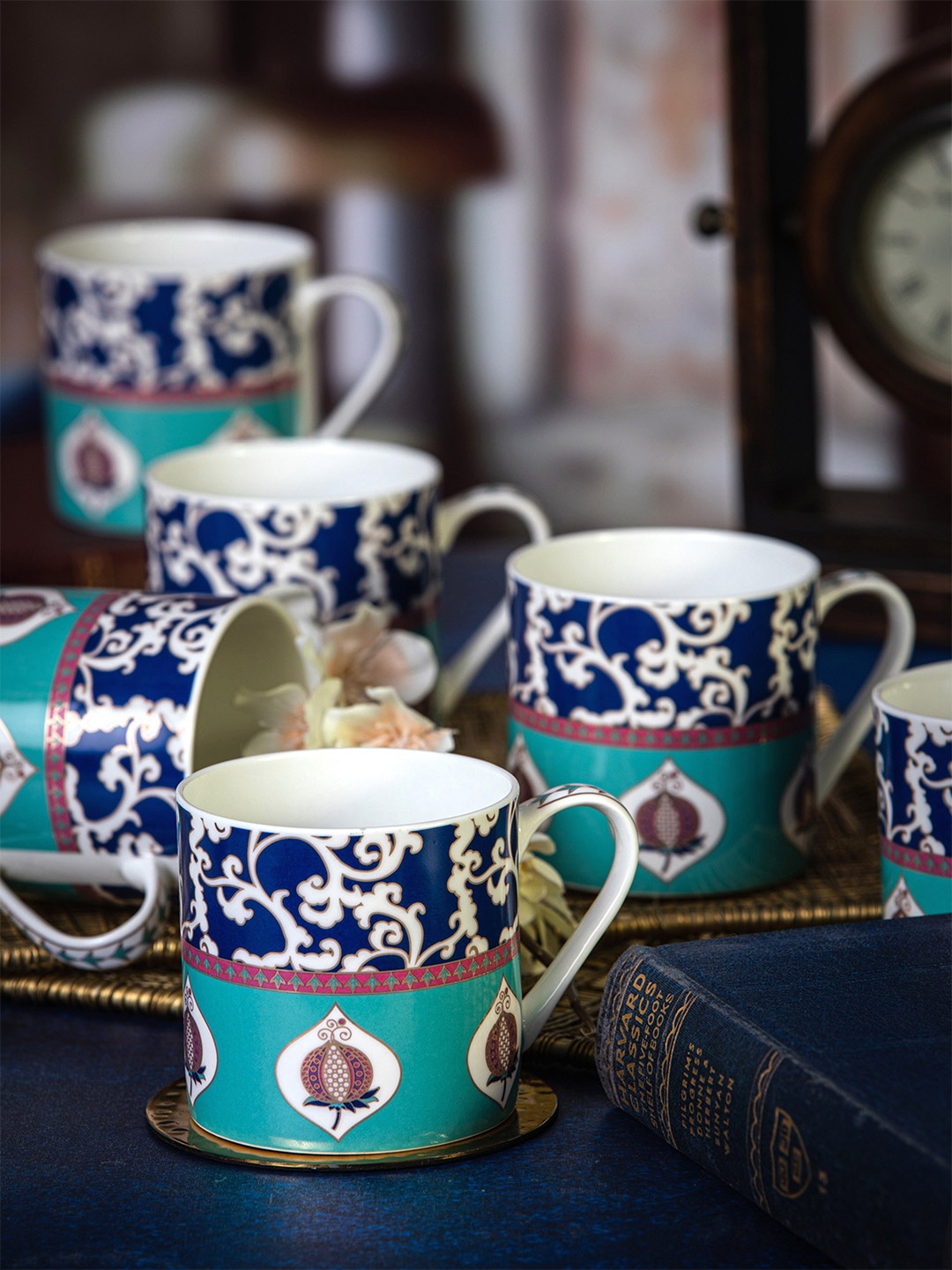 

GOODHOMES Blue & Green Floral Printed Bone China Glossy Mugs Set of Cups and Mugs