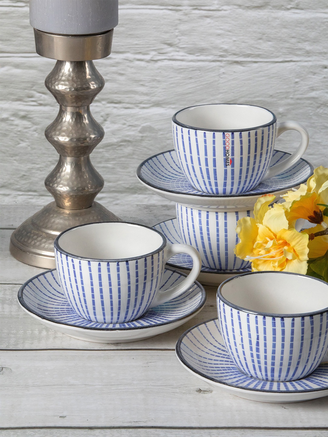 

GOODHOMES Blue & White Printed Stoneware Glossy Cups and Saucers Set of Cups and Mugs