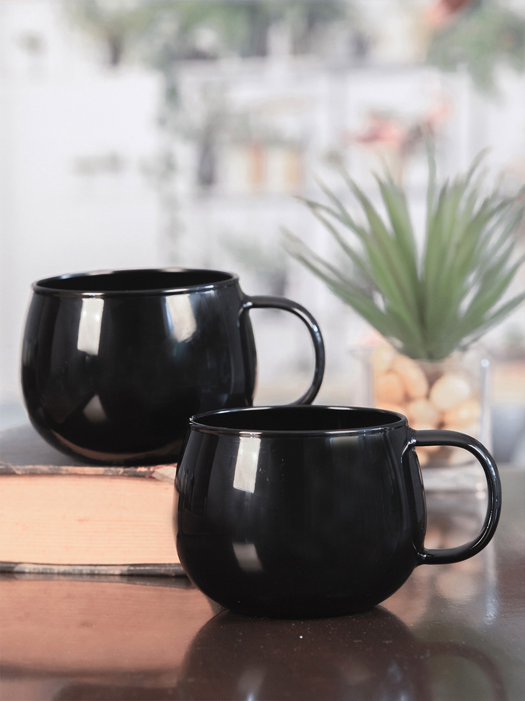 

GOODHOMES Black Floral Printed Glass Glossy Mugs Set of Cups and Mugs