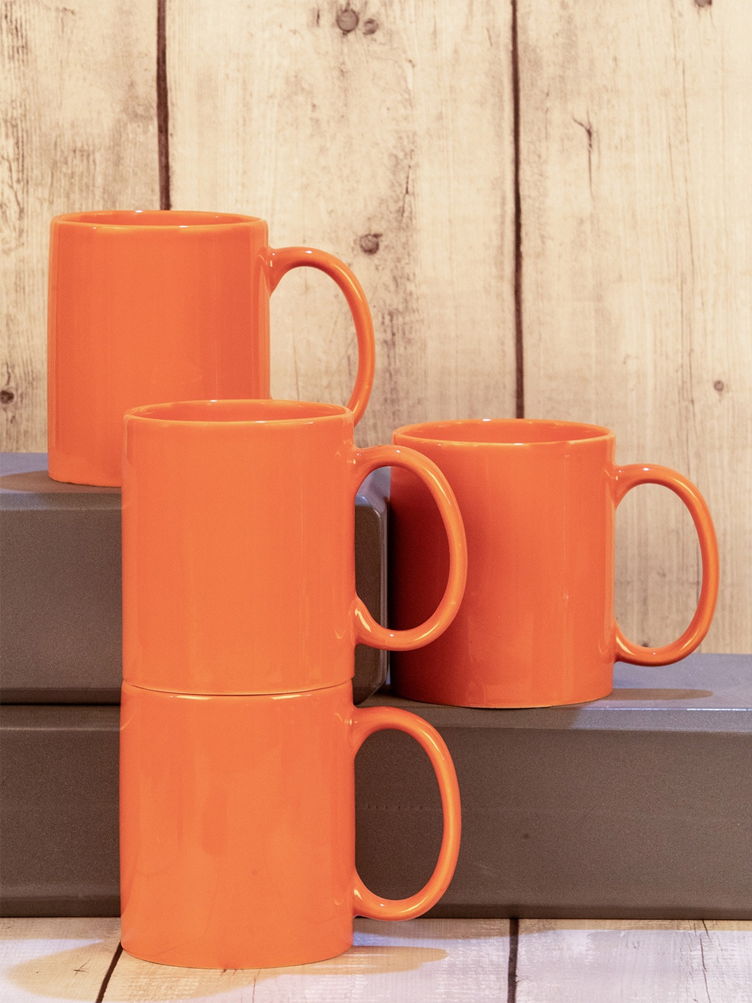 

GOODHOMES Orange Floral Printed Stoneware Glossy Mugs Set of Cups and Mugs