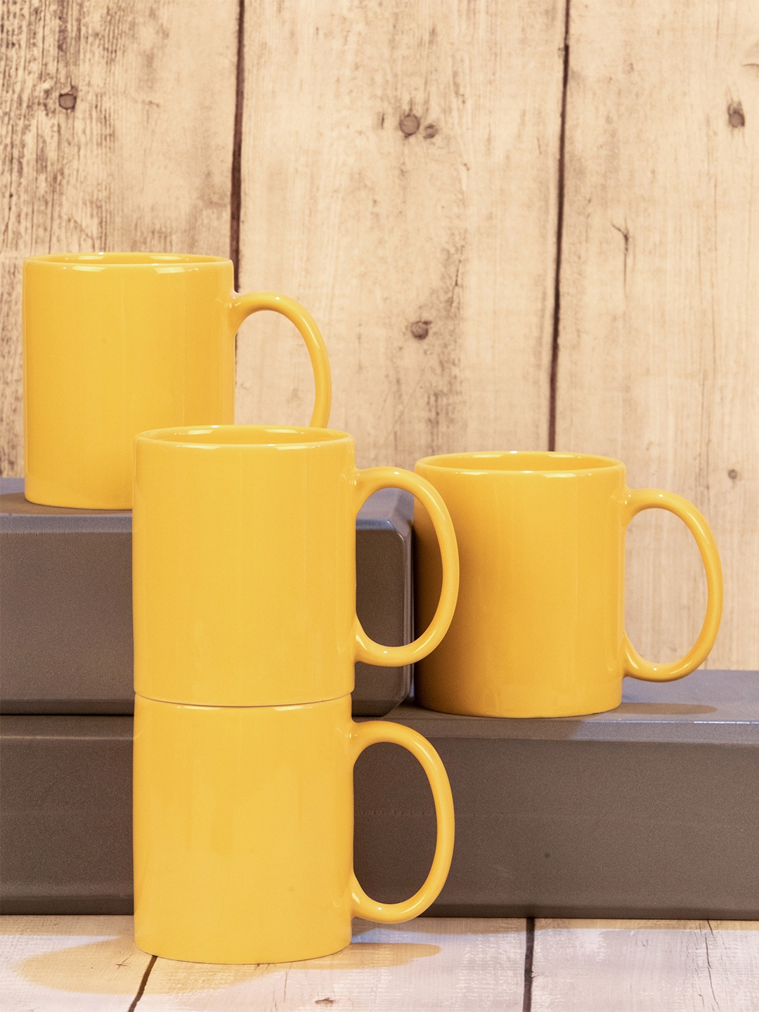 

GOODHOMES Yellow Floral Solid Stoneware Glossy Mugs Set of Cups and Mugs