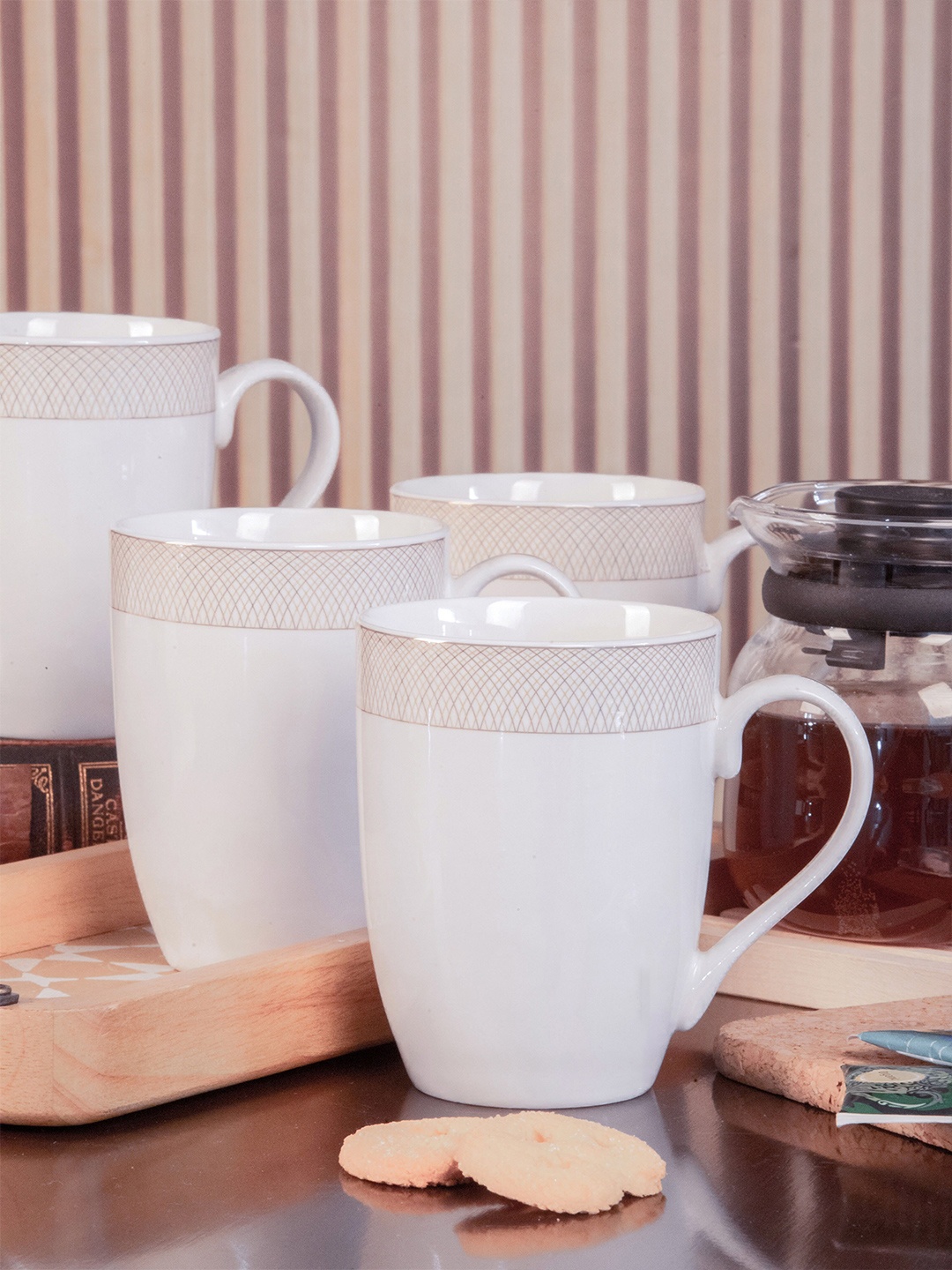 

GOODHOMES White Printed Porcelain Glossy Mugs Set of Cups and Mugs