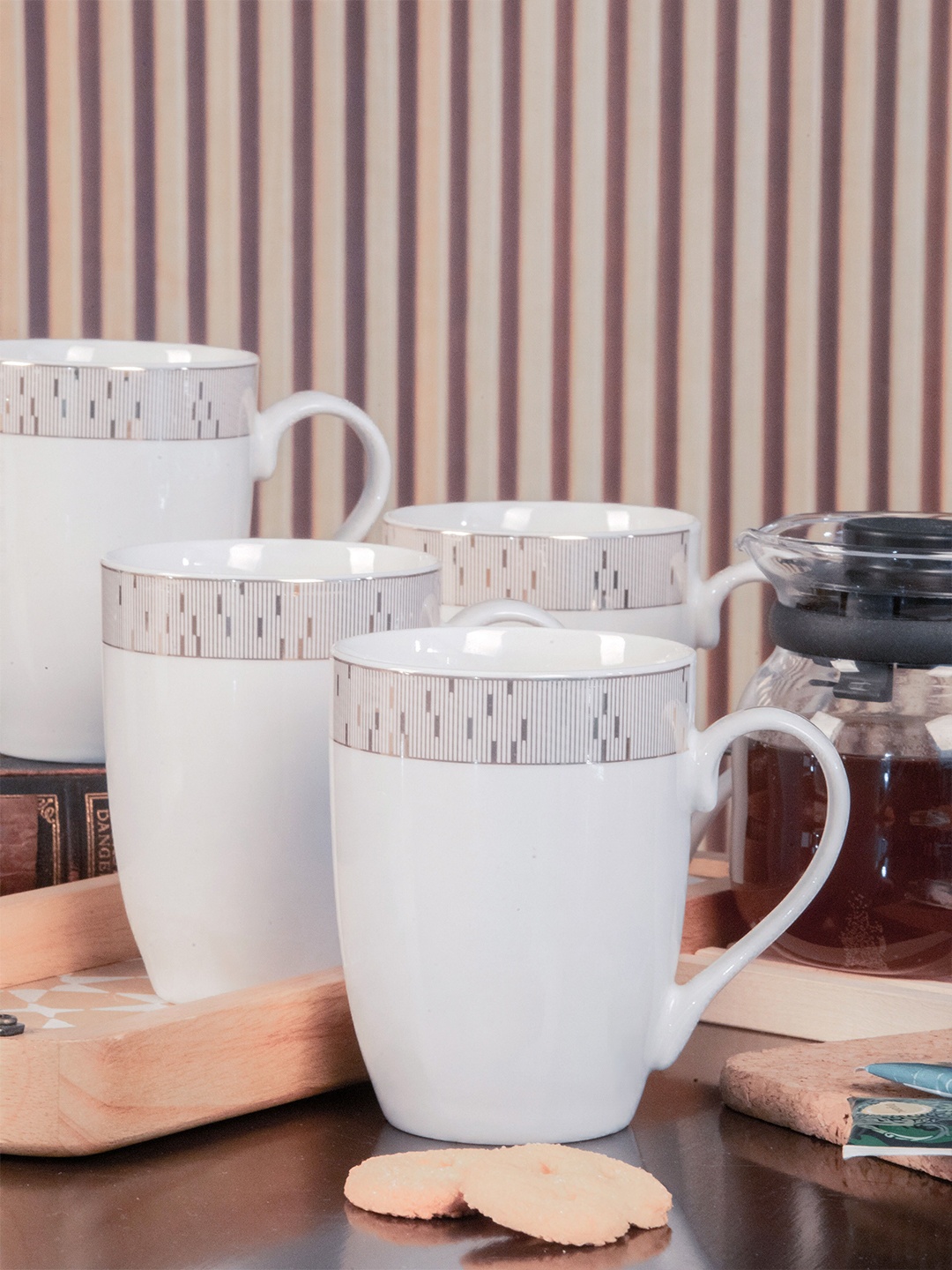 

GOODHOMES White & Gold-Toned Floral Printed Porcelain Glossy Mugs Set of Cups and Mugs