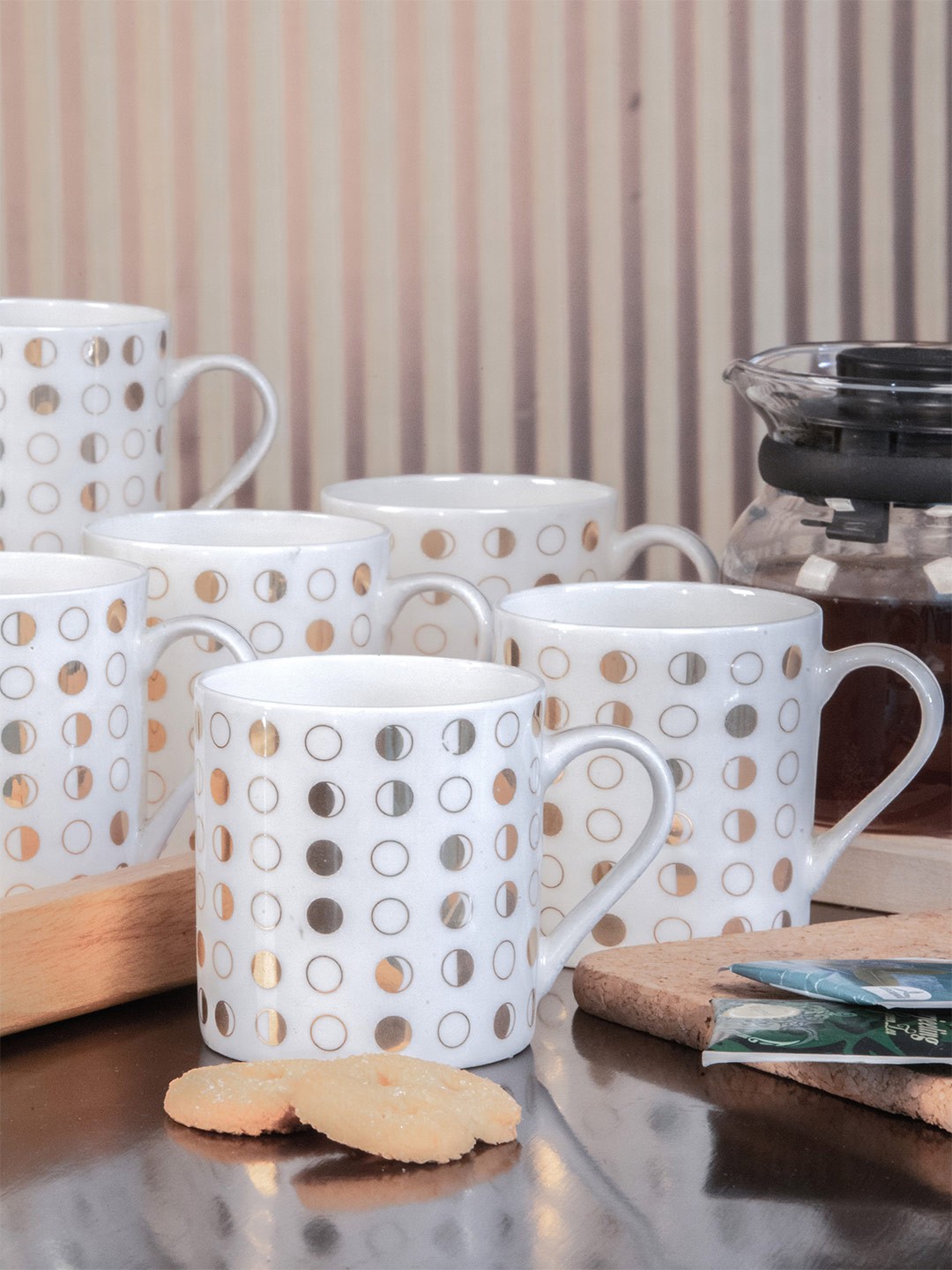 

GOODHOMES White & Gold-Toned Printed Bone China Glossy Mugs Set of Cups and Mugs