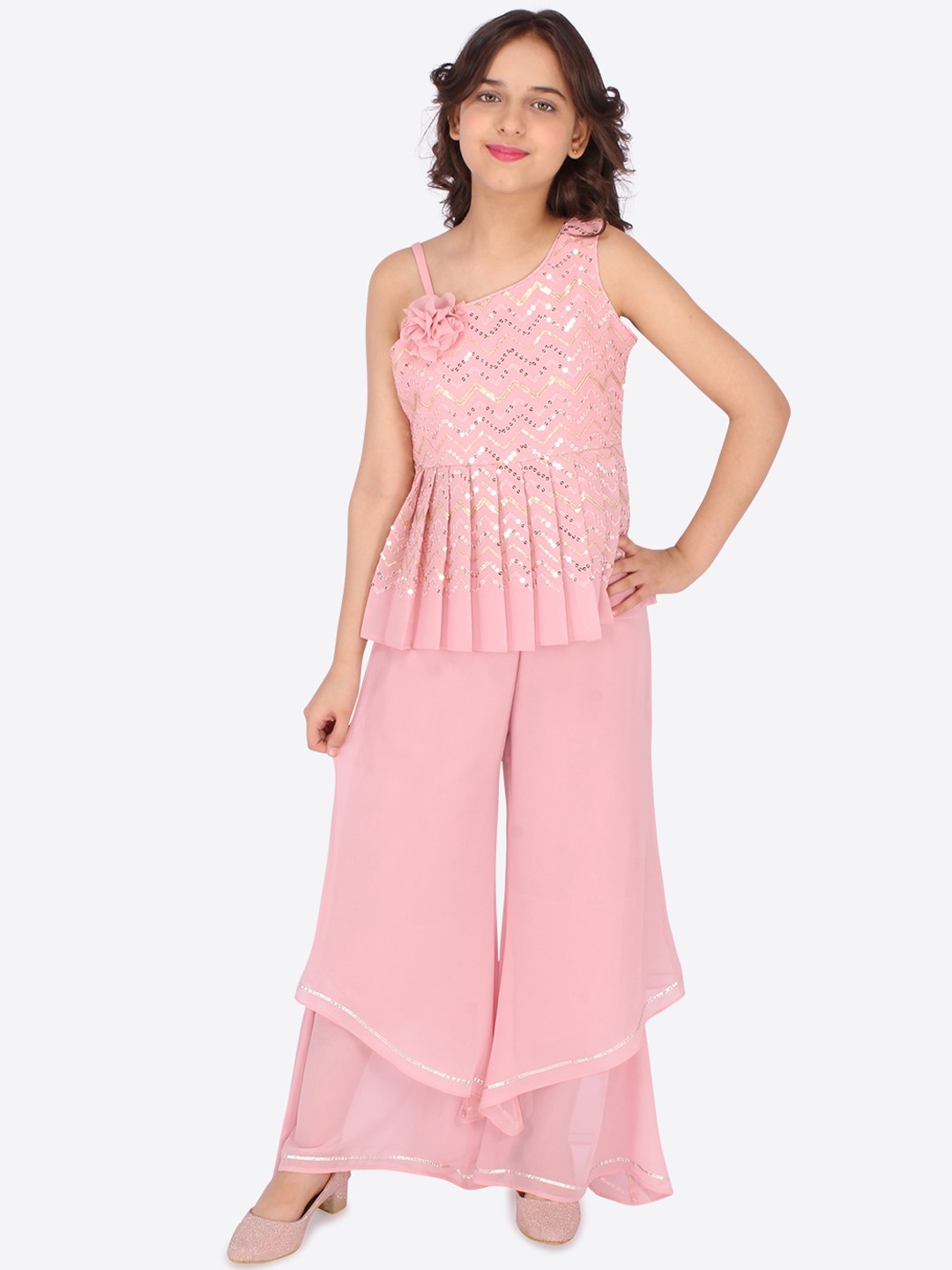 

CUTECUMBER Girls Pink High Slit Kurti with Palazzos