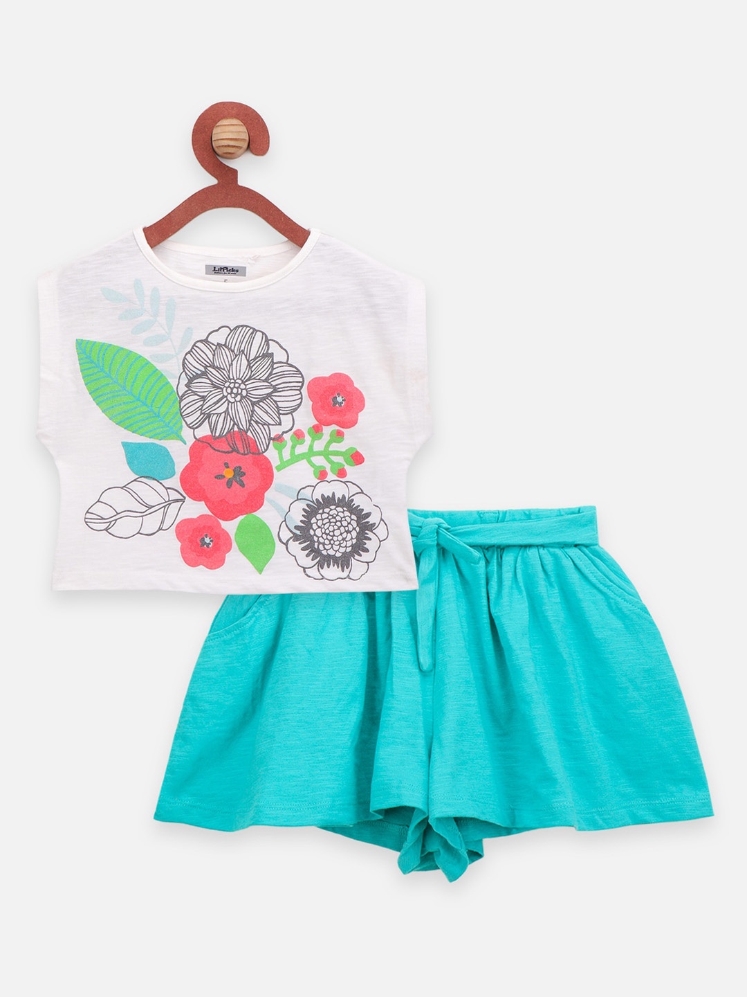 

LilPicks Girls White & Green Printed Top with Shorts
