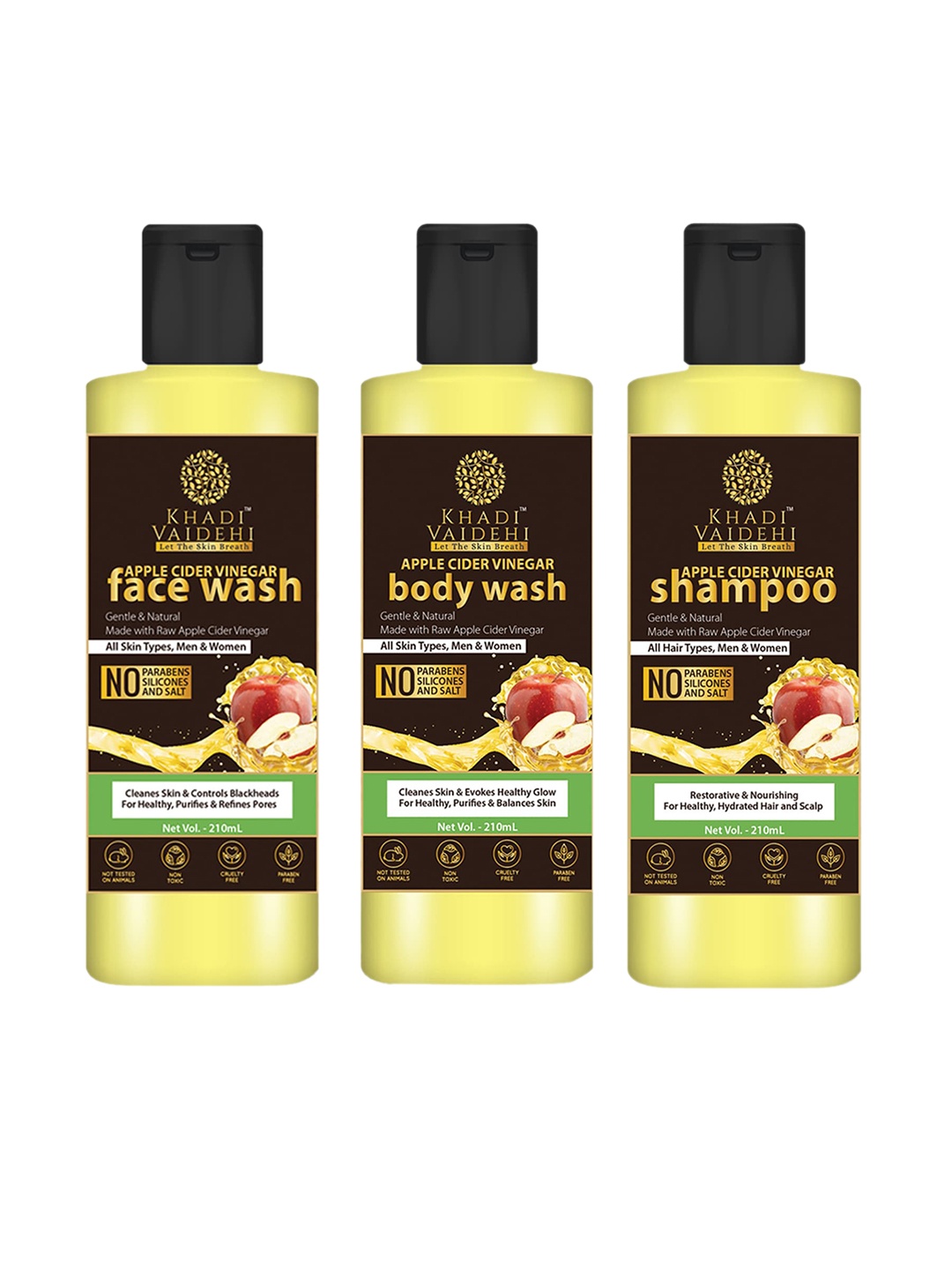 

Khadi Vaidehi Apple Cider Vinegar Combo - Face Wash - Body Wash - Shampoo - 210ml each, Brown