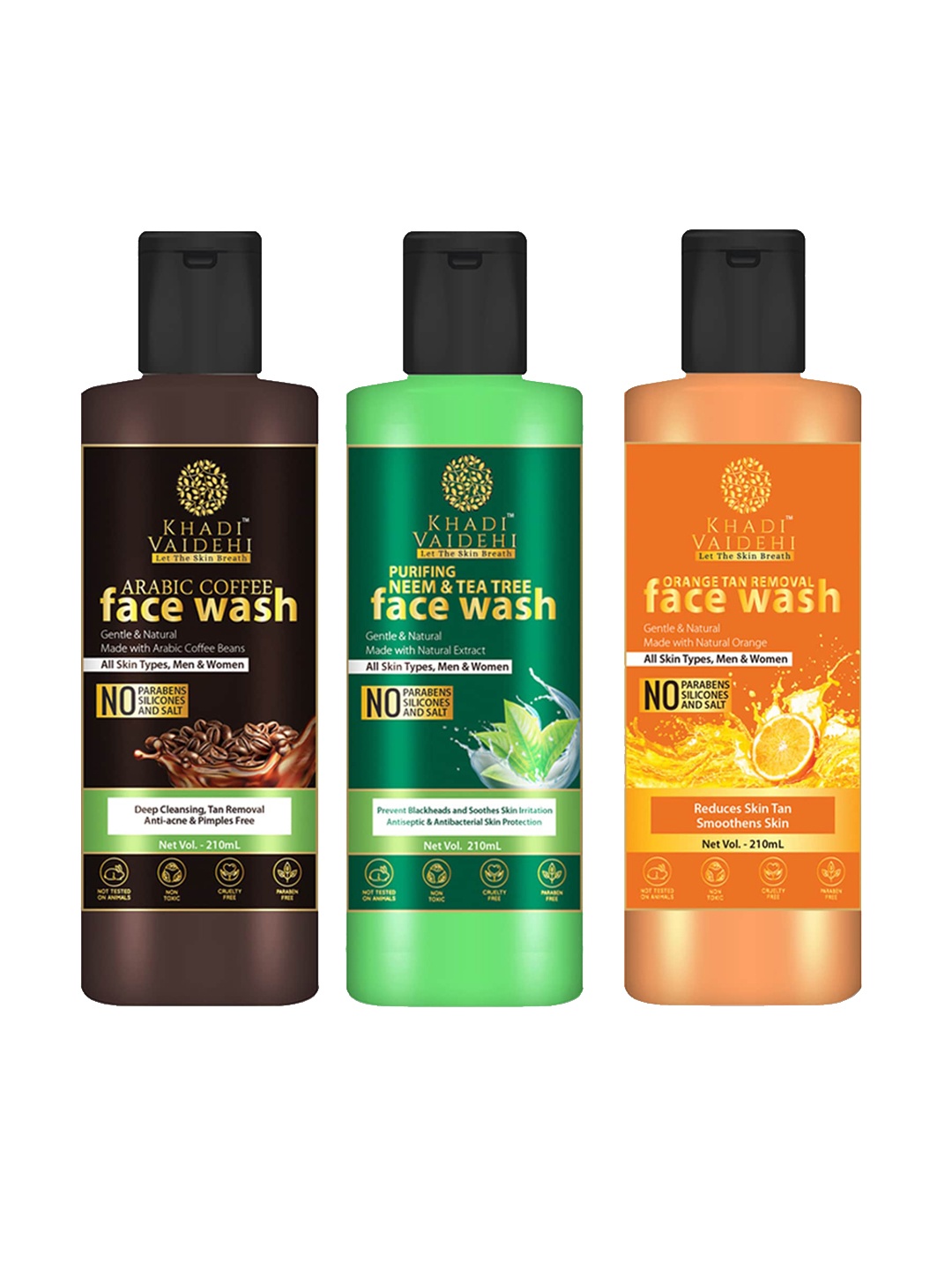 

Khadi Vaidehi Adults Set of 3 Orange, Green, Brown Paraben Free Face Wash - 210 ml