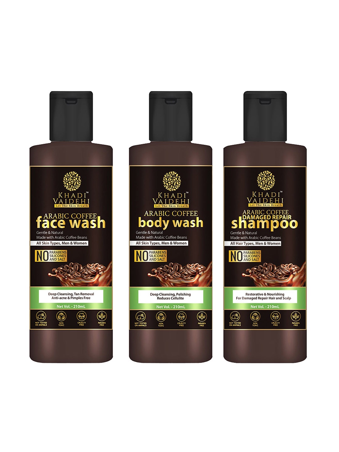 

Khadi Vaidehi Unisex Pack of 3 Arabic Coffee Face Wash-Body Wash-Shampoo - 210 ml Each, Brown