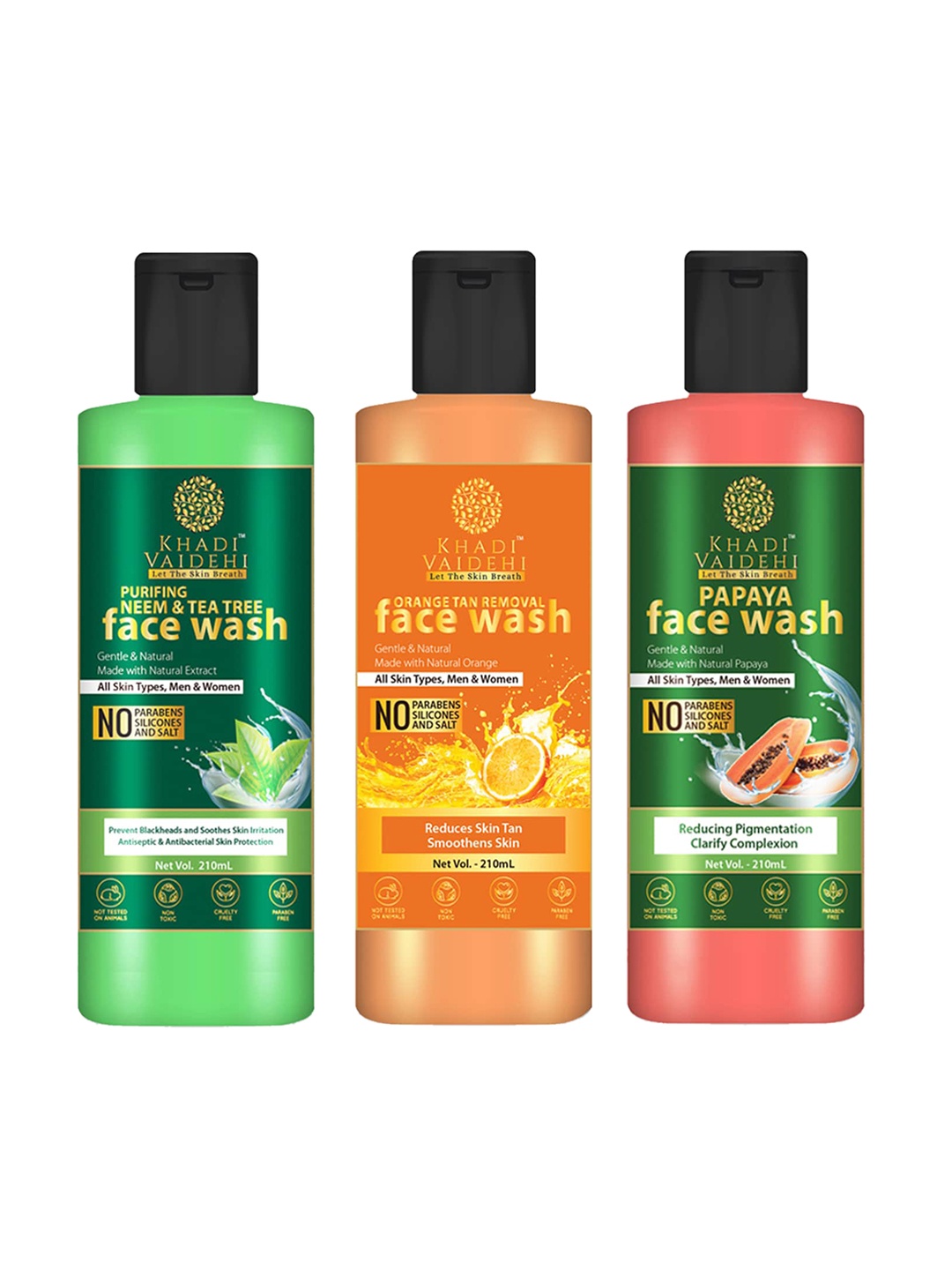 

Khadi Vaidehi Set of 3 Paraben Free Face Wash for All Skin Types - 210 ml Each, Green