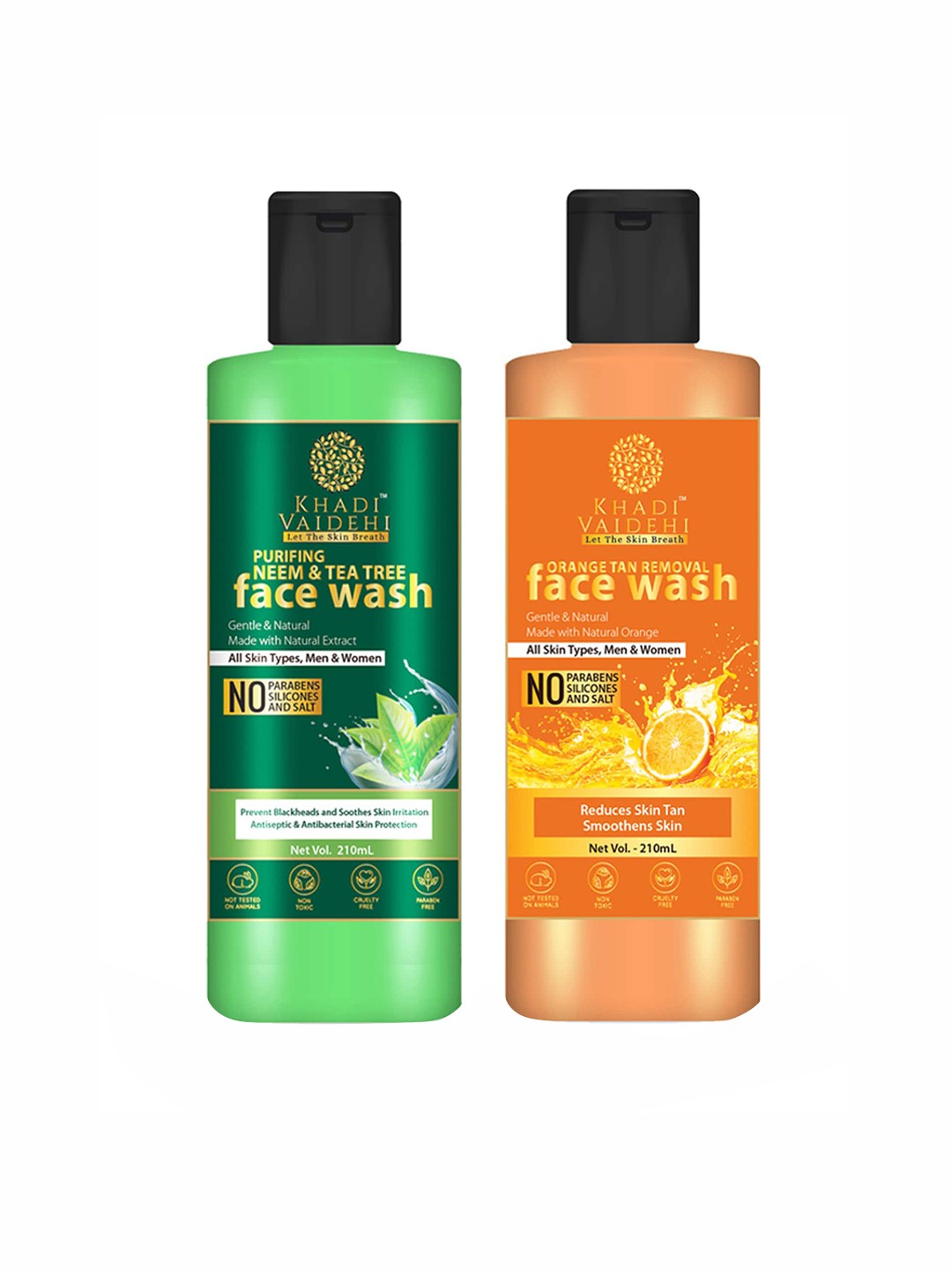 

Khadi Vaidehi Set of Orange Tan Removal Face Wash & Neem-Tea Tree Face Wash - 210ml Each, Green
