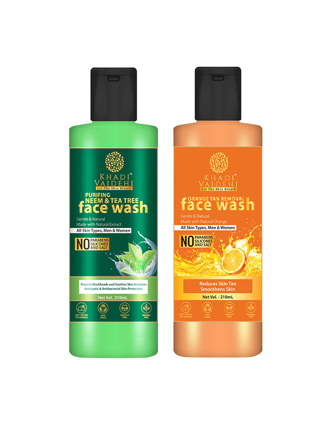 

Khadi Vaidehi Set of Orange Tan Removal & Neem-Tea Tree Face Wash - 210 ml Each, Green