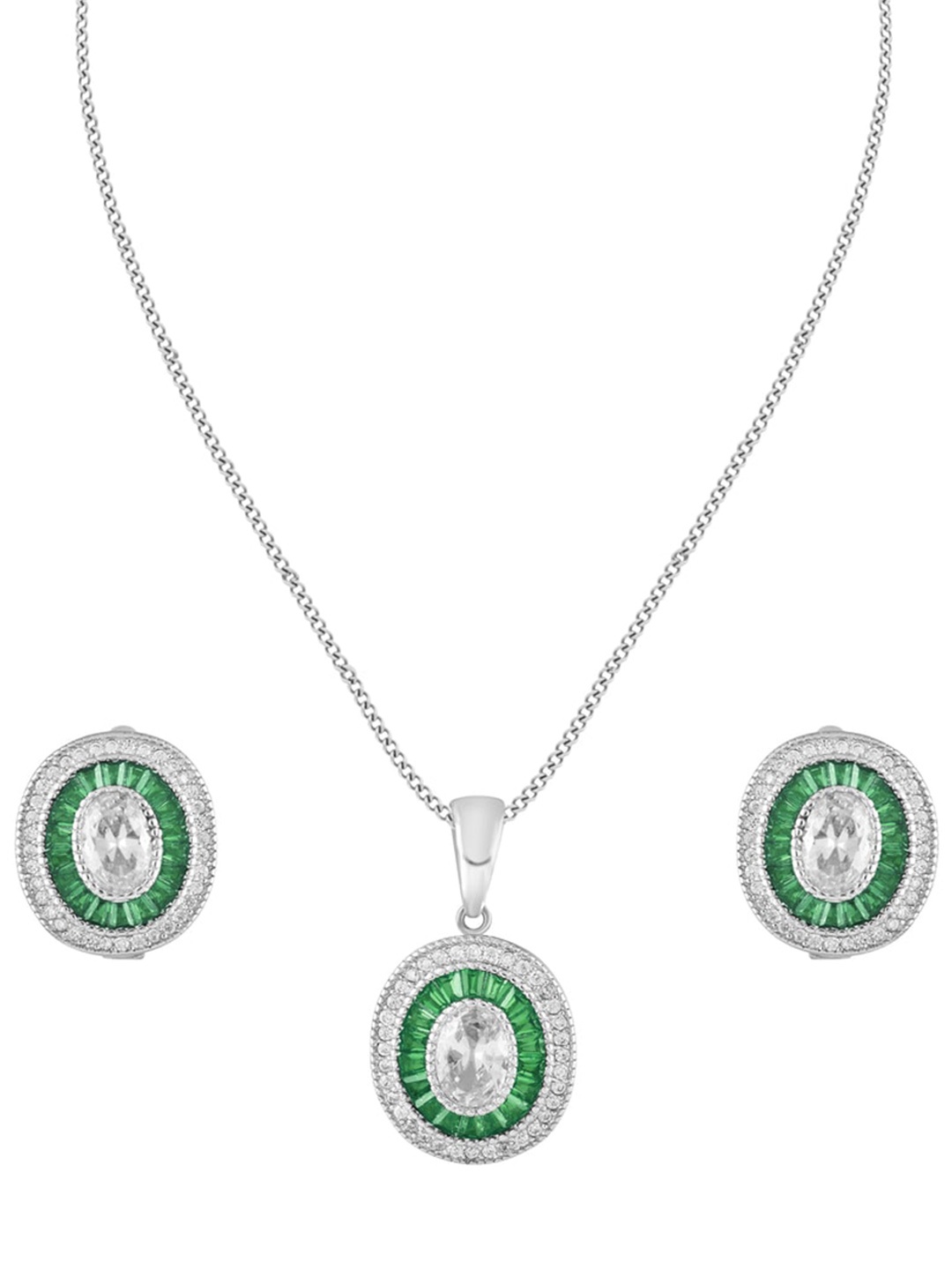 

ZILVER 925 Sterling Silver Silver-Plated White & Green CZ Studded Handcrafted Pendant With Earring