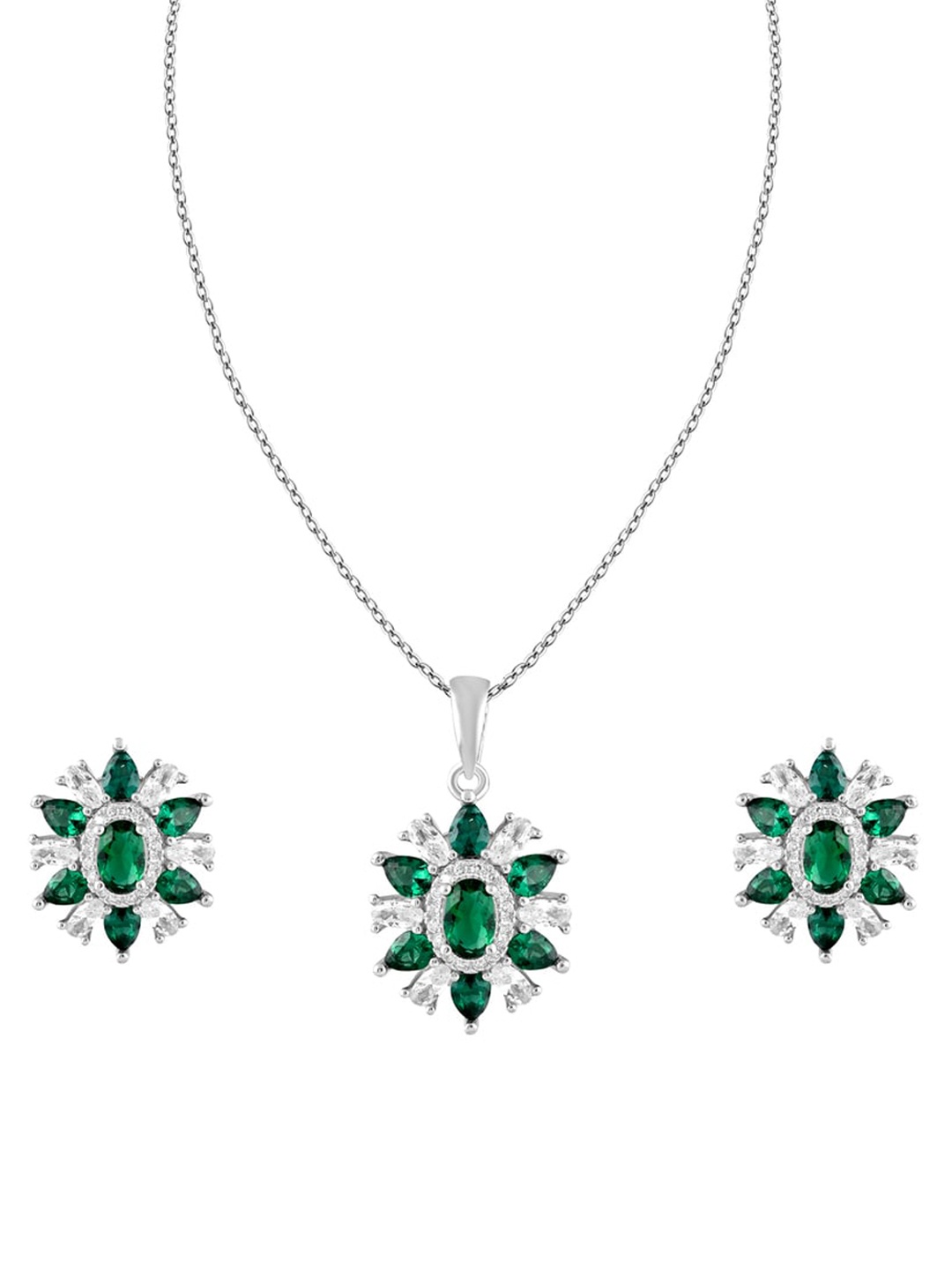 

ZILVER Silver-Plated White & Green CZ Studded Pendant Earring Set