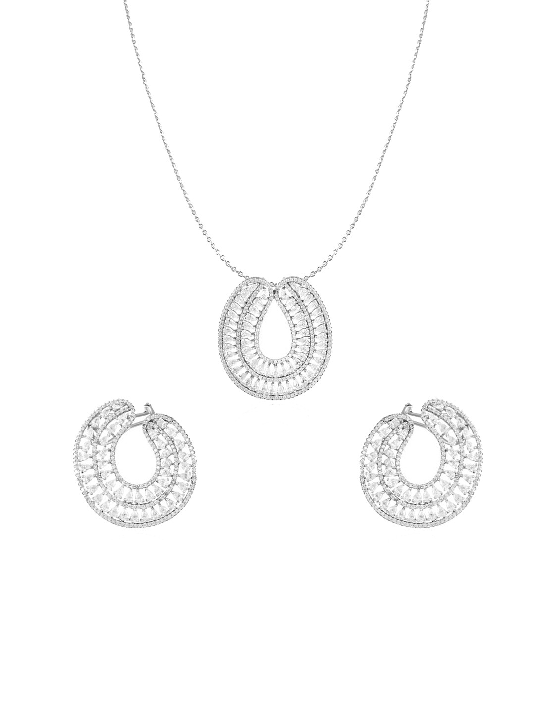 

ZILVER 925 Sterling Silver Silver-Plated White CZ Studded Handcrafted Pendant With Earrings