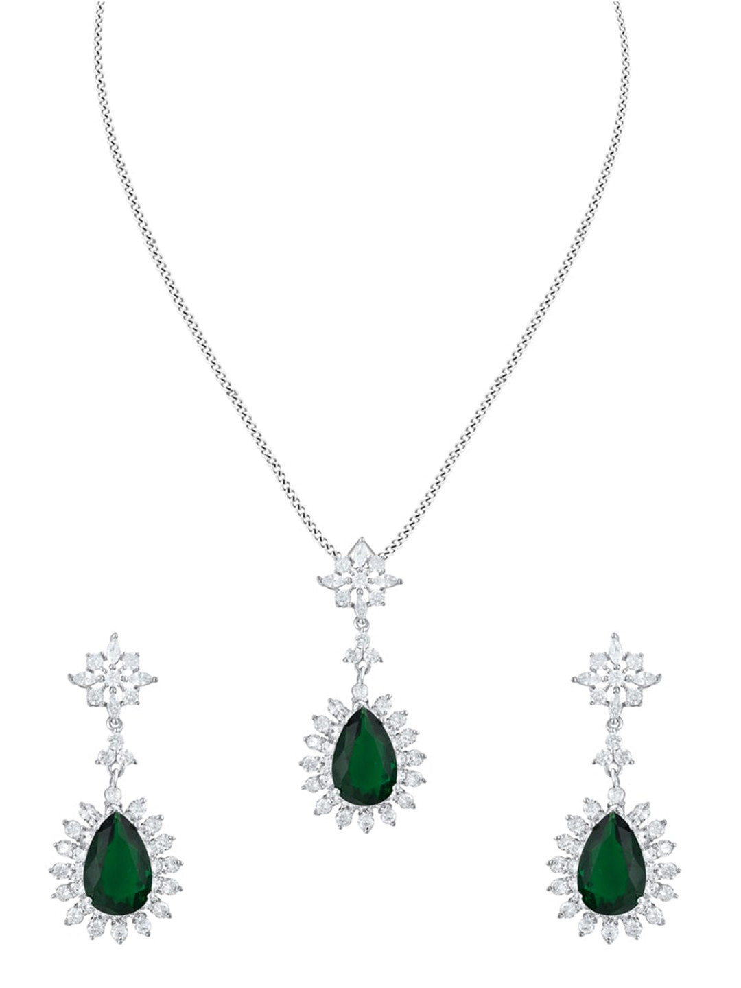 

ZILVER Silver-Plated White & Green CZ Studded Pendant Earring Set