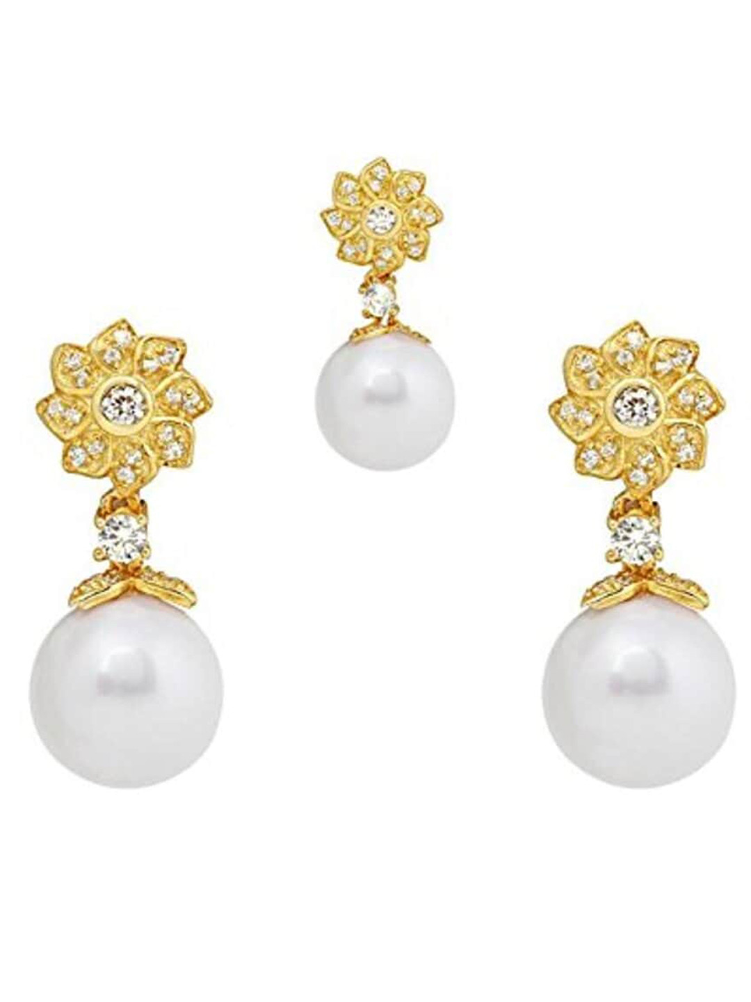 

ZILVER Gold-Plated Cubic Zirconia Studded Flower Shaped Pendant & Earrings Jewellery Set