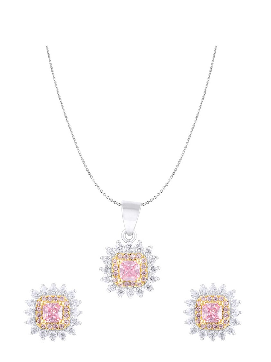 

ZILVER 925 Sterling Silver Silver-Plated White & Pink CZ Studded Handcrafted Pendant With Earring