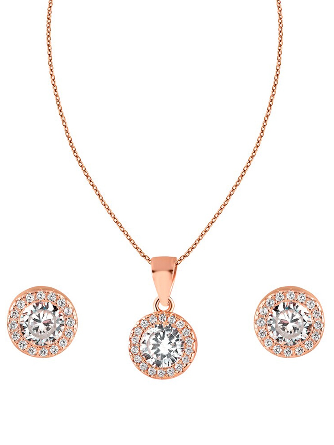 

ZILVER Rose Gold-Plated White CZ Studded Pendant Earring Set