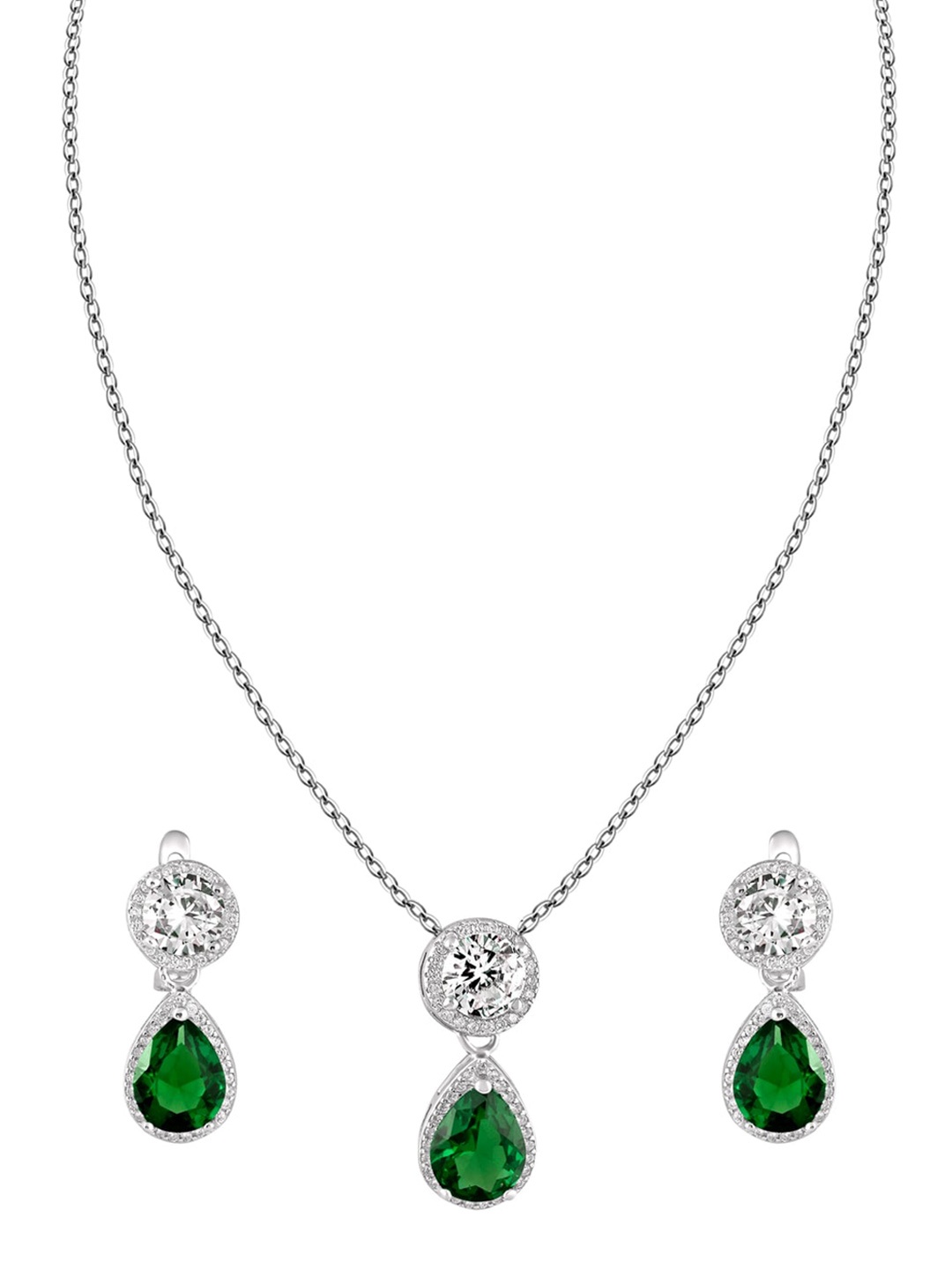 

ZILVER Silver-Plated White & Green CZ Stone Studded Pendant Earring Set