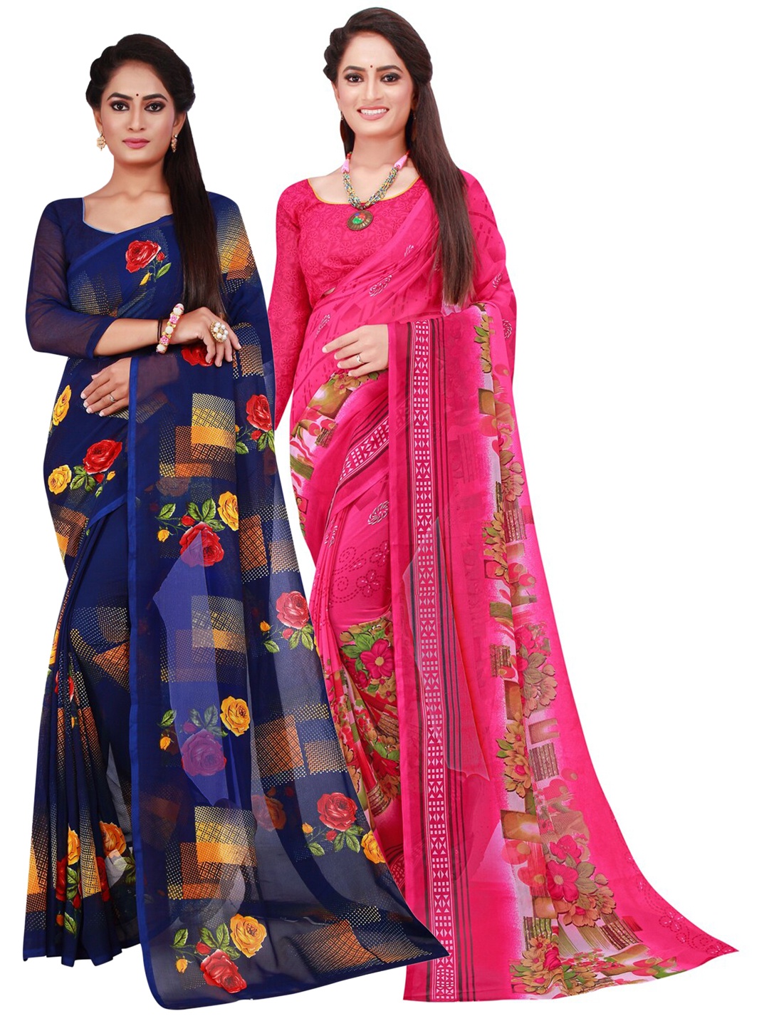

SAADHVI Navy Blue & Magenta Floral Pure Georgette Saree