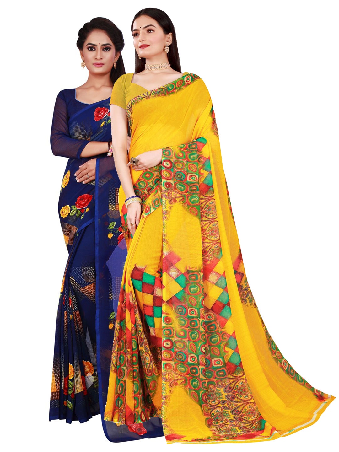 

SAADHVI Navy Blue & Yellow Pure Georgette Saree