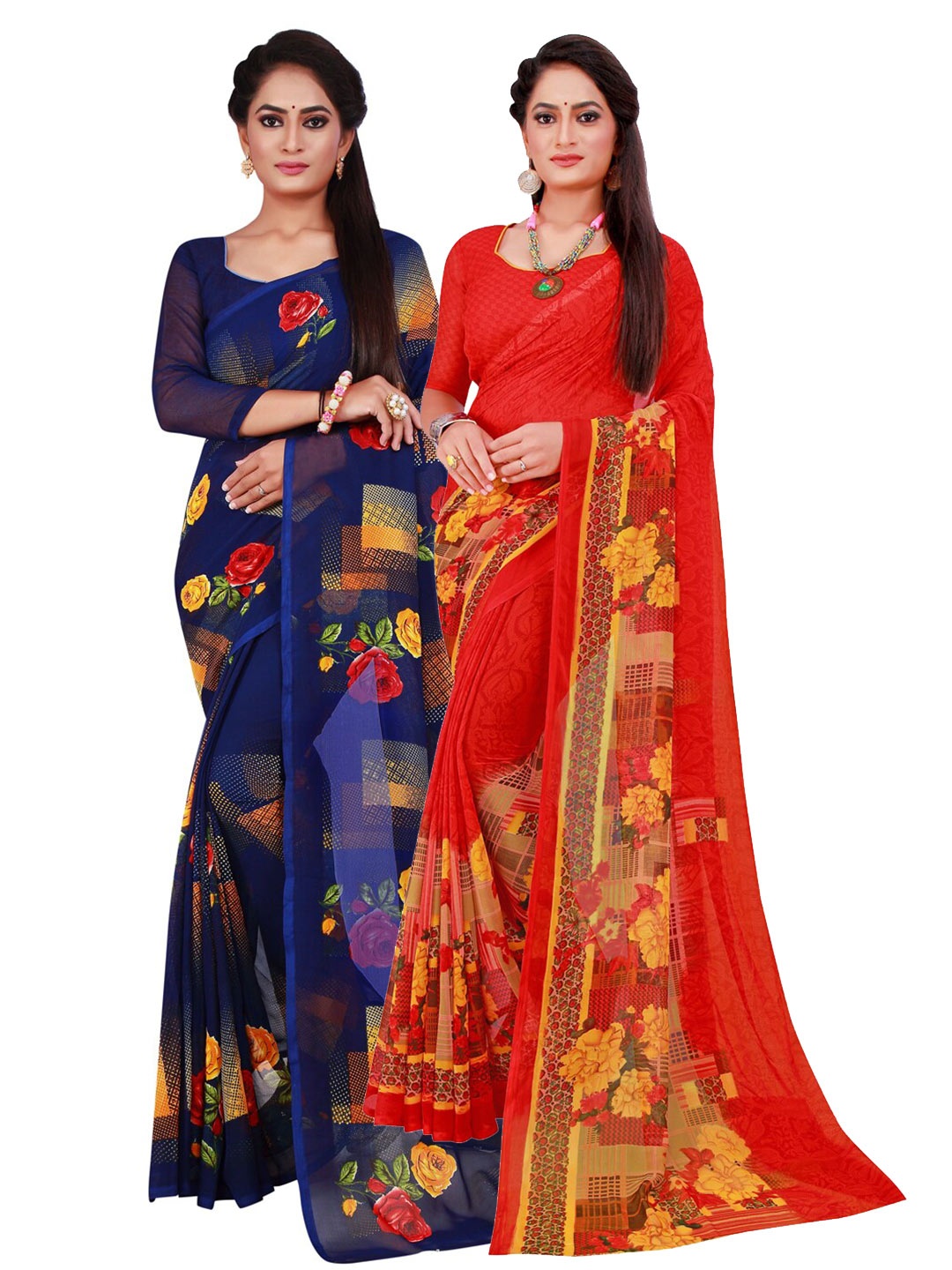 SAADHVI Navy Blue & Red Floral Pure Georgette Saree